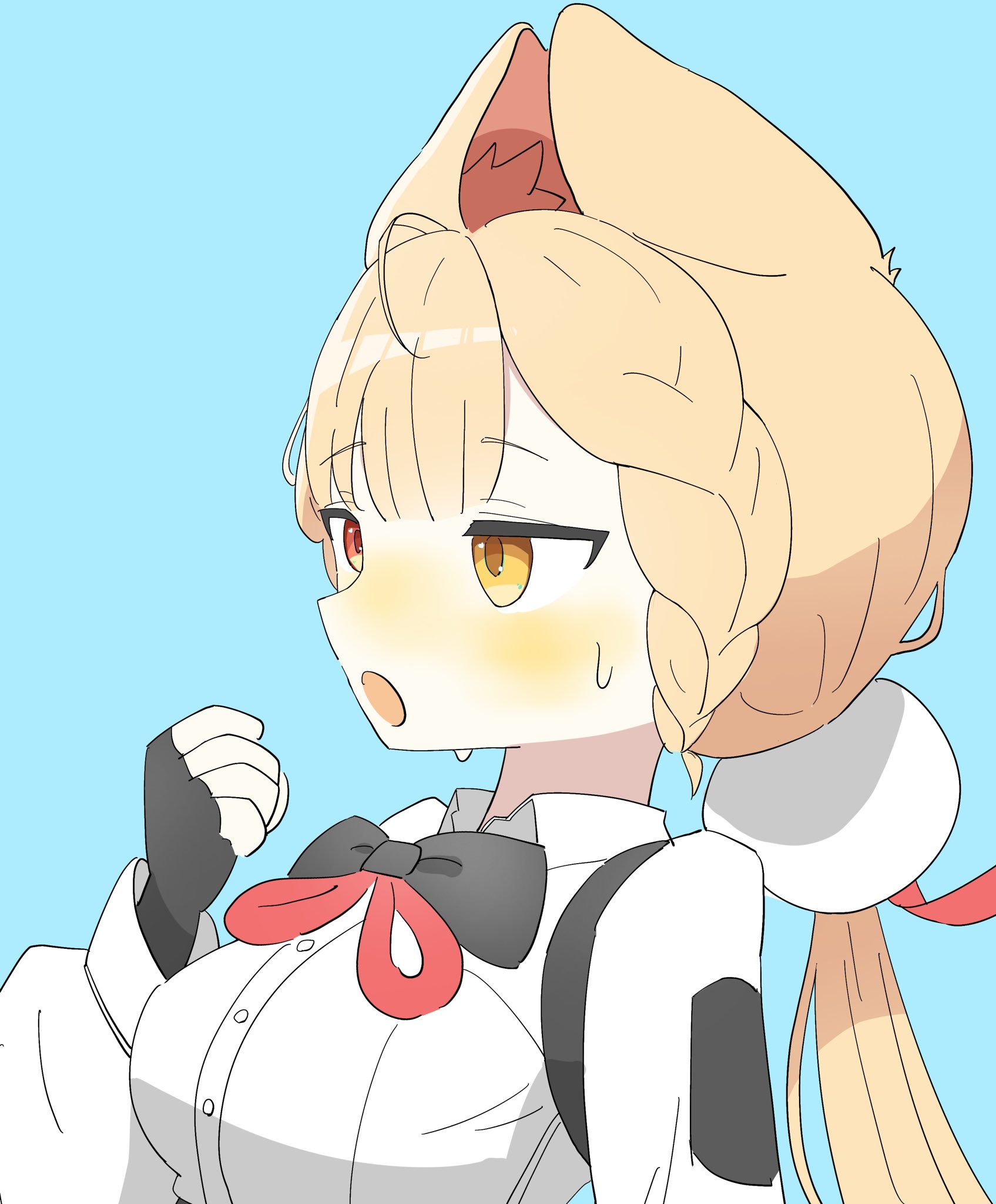 kesiutu, alice thymefield, zenless zone zero, braided twintails, highres, 1girl, animal ears, blonde hair, braid, breasts, hair ornament, hearing aid, heterochromia, long hair, looking at viewer, low twintails, rabbit ears, rabbit girl, red eyes, shirt, sphere hair ornament, twintails, white shirt, yellow eyes