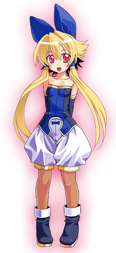 hikabe sakuho, meryl star, shinrabanshou, 1girl, arms behind back, bare shoulders, blonde hair, bow, breasts, cleavage, collarbone, detached sleeves, female focus, hair ribbon, hair tubes, long hair, pigeon-toed, red eyes, ribbon, shorts, small breasts, solo, strapless, twintails, very long hair