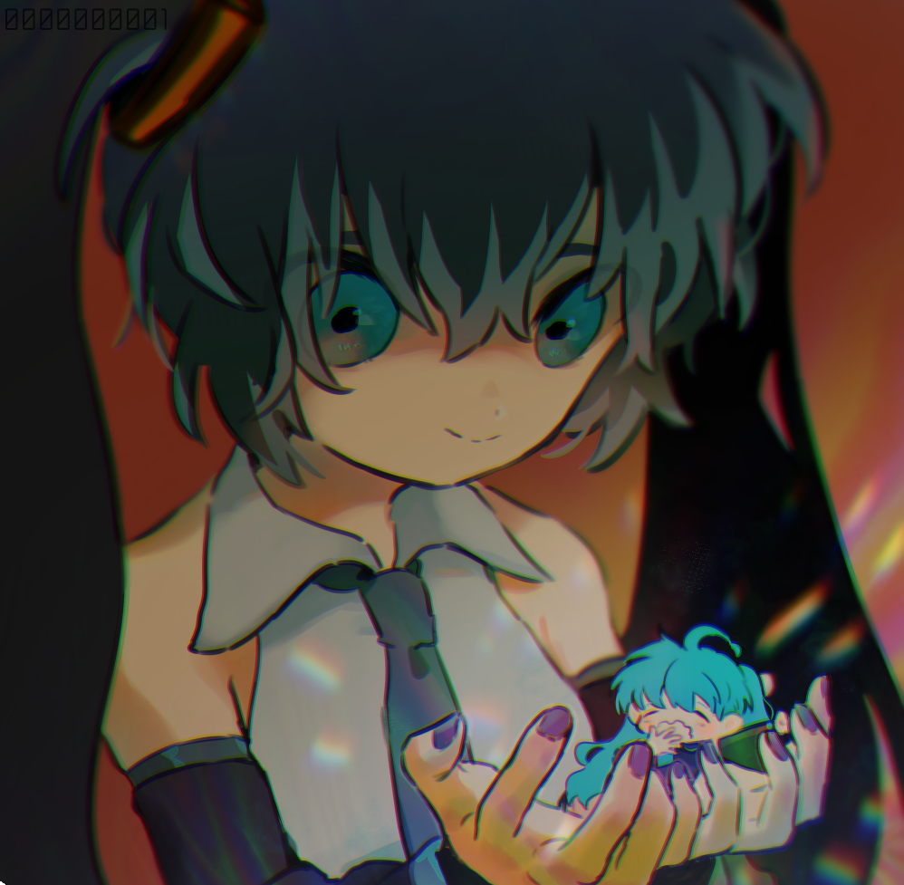 mawarusanso, hatsune miku, vocaloid, commentary request, 1girl, blue eyes, blue hair, collared shirt, detached sleeves, glowing, hair between eyes, holding chibi, long hair, looking at viewer, necktie, purple nails, red background, shirt, smile, twintails