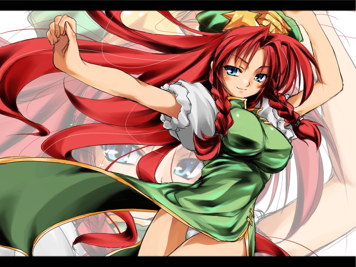 take shinobu, takesinobu, hong meiling, embodiment of scarlet devil, touhou, bad id, bad pixiv id, 1girl, :3, blue eyes, braid, china dress, chinese clothes, dress, female focus, fighting stance, hat, long hair, panties, red hair, ribbon, smile, solo, twin braids, twintails, underwear, zoom layer
