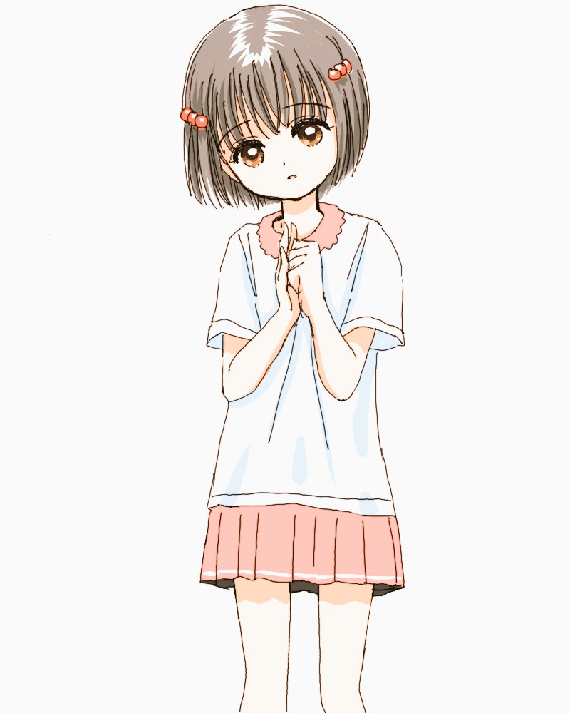 oda shuuki, original, 1girl, bike shorts, blush, brown eyes, brown hair, grey background, hair bobbles, hair ornament, looking at viewer, own hands together, parted lips, pink skirt, pleated skirt, shirt, short hair, short sleeves, skirt, solo, white shirt