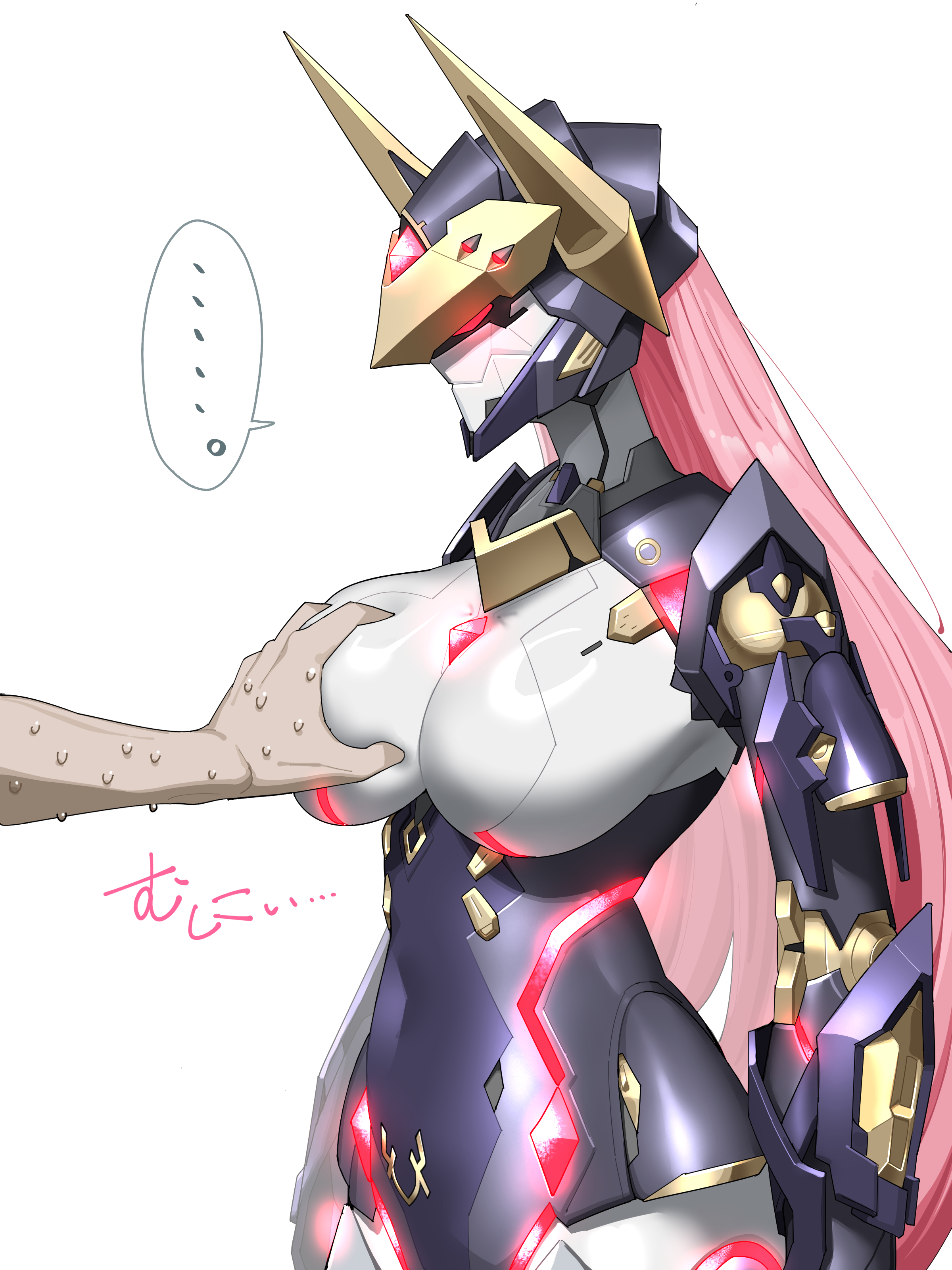 kopezo, starward, absurdres, commentary request, highres, …, 1boy, 1girl, breasts, covered navel, cowboy shot, glowing, glowing eye, grabbing another's breast, groping, helmet, hetero, humanoid robot, joints, large breasts, long hair, mecha musume, nervous sweating, pink hair, red eyes, robot, robot joints, solo focus, spoken ellipsis, sweat, valkia (starward), very long hair