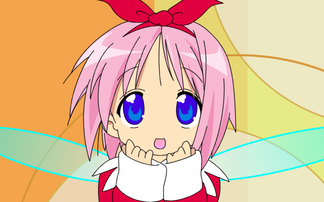 flezair, ribbon (kirby), kirby (series), kirby 64, lucky star, nintendo, 1girl, dress, fairy, fairy wings, hair ribbon, long sleeves, looking at viewer, open mouth, parody, pink hair, red dress, red ribbon, ribbon, short hair, smile, solo, wings