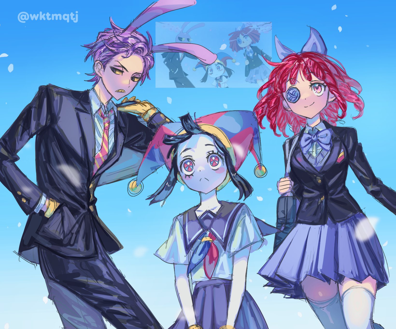 wktmqtj, jax (the amazing digital circus), pomni (the amazing digital circus), ragatha (the amazing digital circus), the amazing digital circus, hashtag-only commentary, highres, 1boy, 2girls, animal ears, bag, black hair, black jacket, black sailor collar, blazer, blue eyes, blue hat, blue neckerchief, blue sky, blush stickers, bow, bowtie, breasts, buttons, clenched teeth, closed mouth, colored sclera, colored skin, cowboy shot, day, diagonal-striped clothes, diagonal-striped necktie, extra ears, feet out of frame, flat chest, frown, gloves, grey bag, grey sweater, hair behind ear, hand in pocket, hand up, hat, hat bell, holding, holding bag, humanization, jacket, jester cap, layered sleeves, light particles, long sleeves, looking ahead, male focus, medium breasts, medium hair, miniskirt, multicolored eyes, multiple girls, neckerchief, necktie, official alternate costume, outdoors, pink eyes, pleated skirt, purple bow, purple bowtie, purple hair, purple skirt, rabbit ears, red eyes, red hair, red hat, red neckerchief, red necktie, reference inset, sailor collar, school bag, school uniform, screenshot inset, shirt, short hair, short sleeves, simple background, skirt, sky, smile, striped clothes, striped headwear, sweater, teeth, thighhighs, twitter username, two-tone eyes, two-tone hat, two-tone headwear, two-tone neckerchief, two-tone necktie, upper body, vertical-striped clothes, vertical-striped headwear, very short hair, white shirt, white skin, white thighhighs, yellow gloves, yellow necktie, yellow sclera, zettai ryouiki