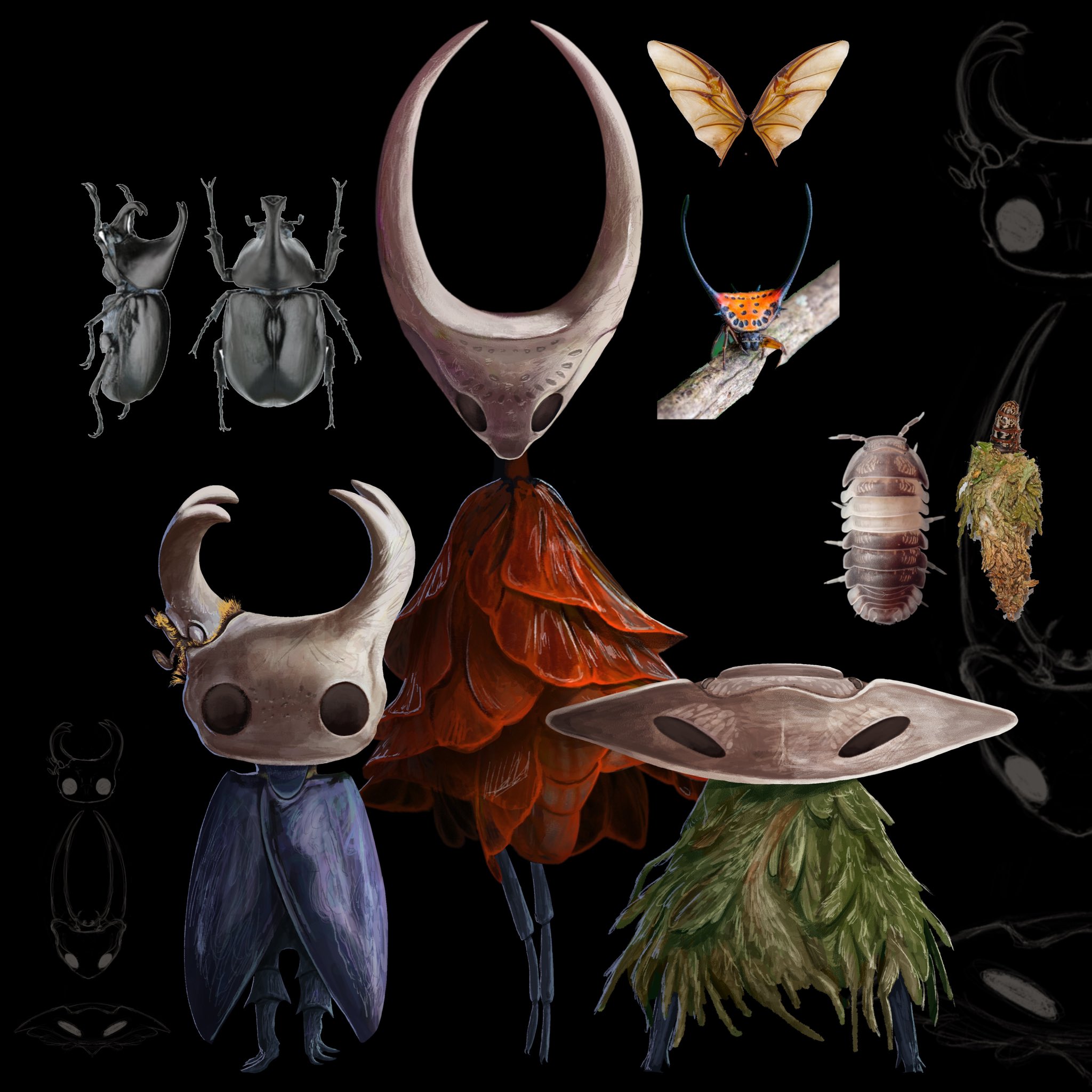 hornet (hollow knight), knight (hollow knight), hollow knight, hollow knight: silksong, arthropod, highres, 1girl, 2others, beetle, black background, bug, burden walker, creature, empty eyes, insect, multiple others, pablo (hollow knight), reference inset