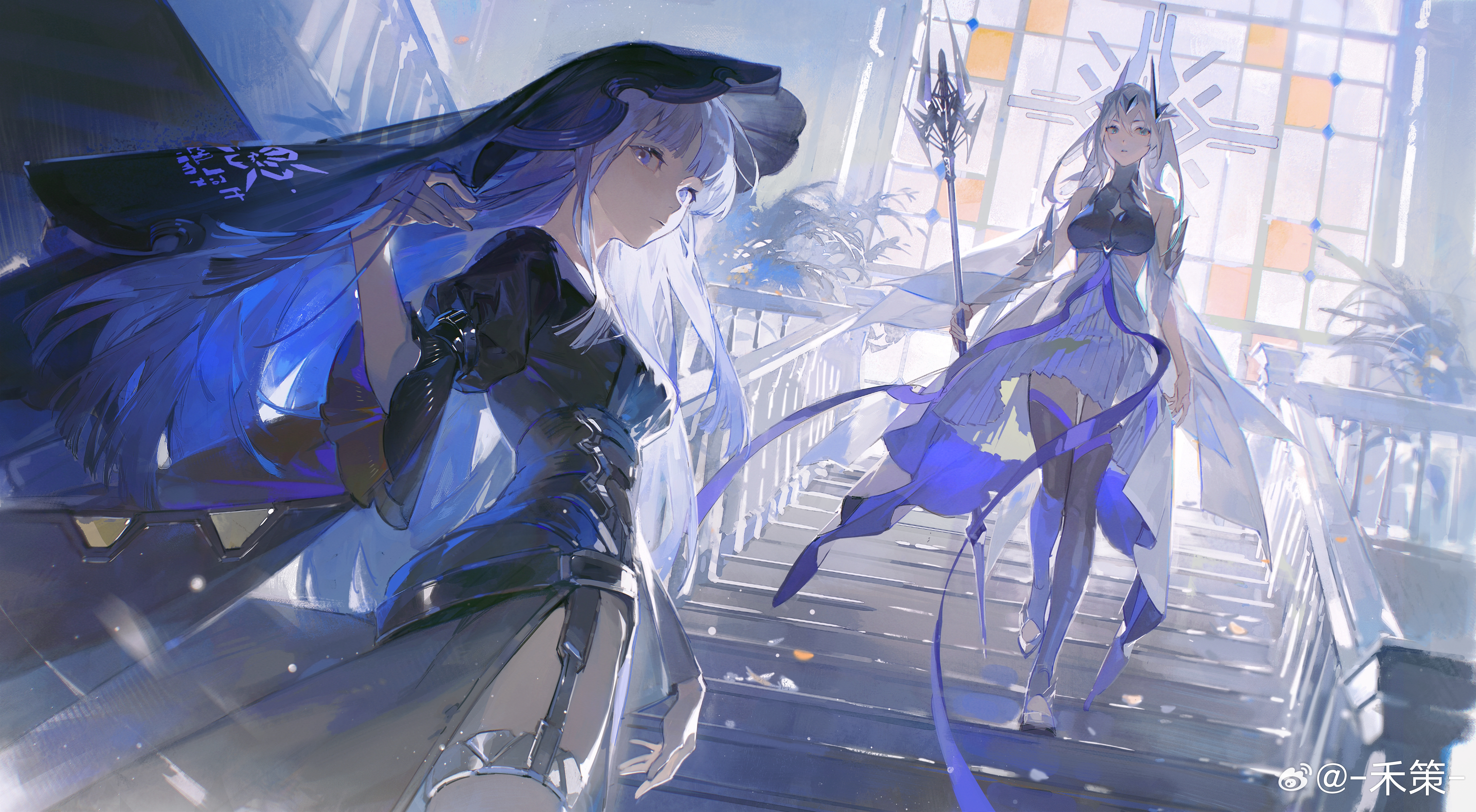noland, mist sequence, absurdres, character request, chinese commentary, commentary request, highres, 2girls, blue eyes, blue hair, grey hair, indoors, long hair, multiple girls, on stairs, puffy short sleeves, puffy sleeves, short sleeves, stairs, standing, veil, very long hair, watermark, weibo watermark