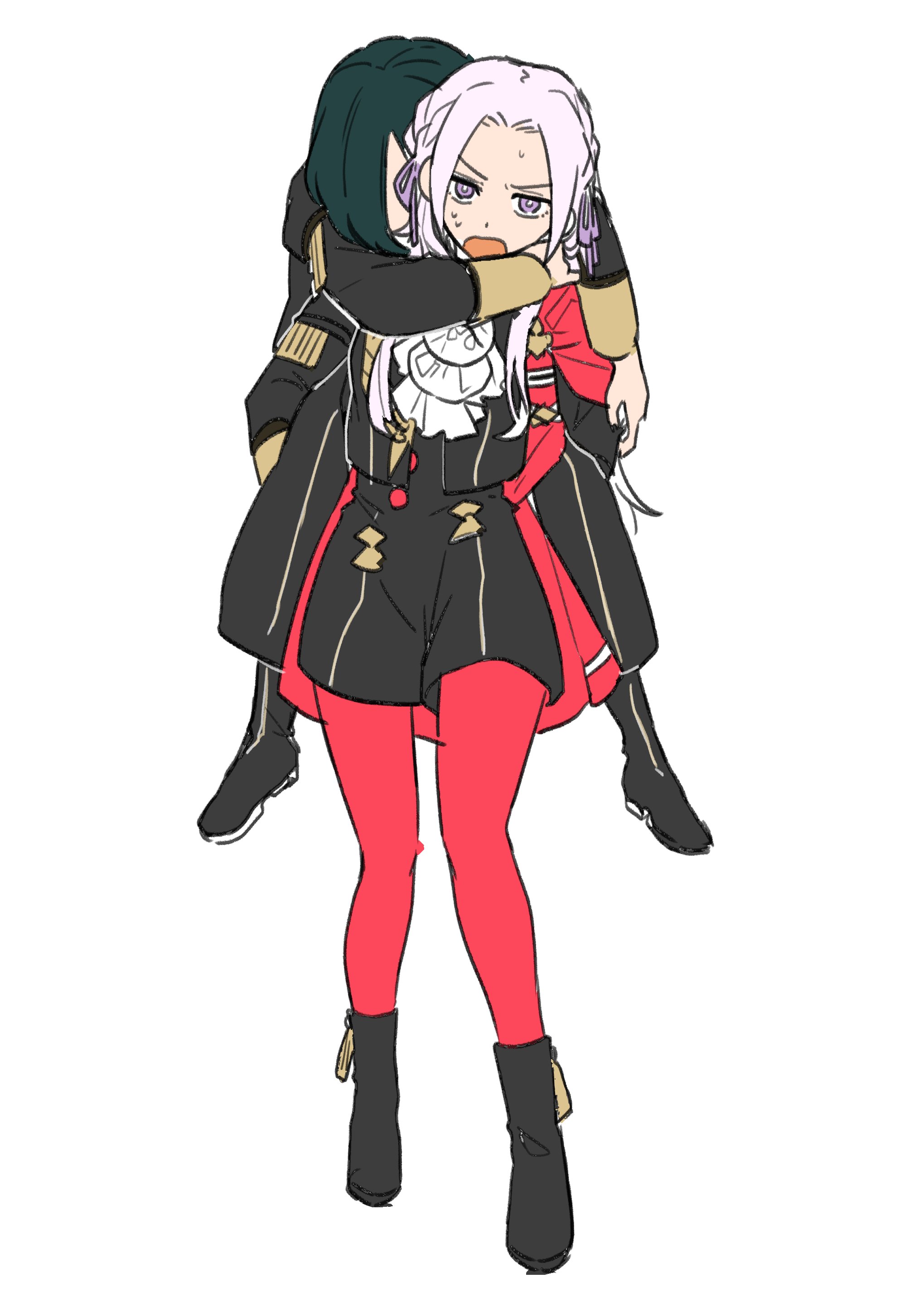 noki (nikumasyumaro), edelgard von hresvelg, linhardt von hevring, fire emblem, fire emblem: three houses, nintendo, absurdres, commentary request, highres, 1boy, 1girl, ascot, black hair, black shoes, cape, carrying, carrying person, forehead, full body, garreg mach monastery uniform, hair ribbon, long hair, long sleeves, looking at viewer, pantyhose, piggyback, purple eyes, purple ribbon, red cape, red pantyhose, ribbon, shoes, simple background, sweatdrop, white ascot, white background, white hair