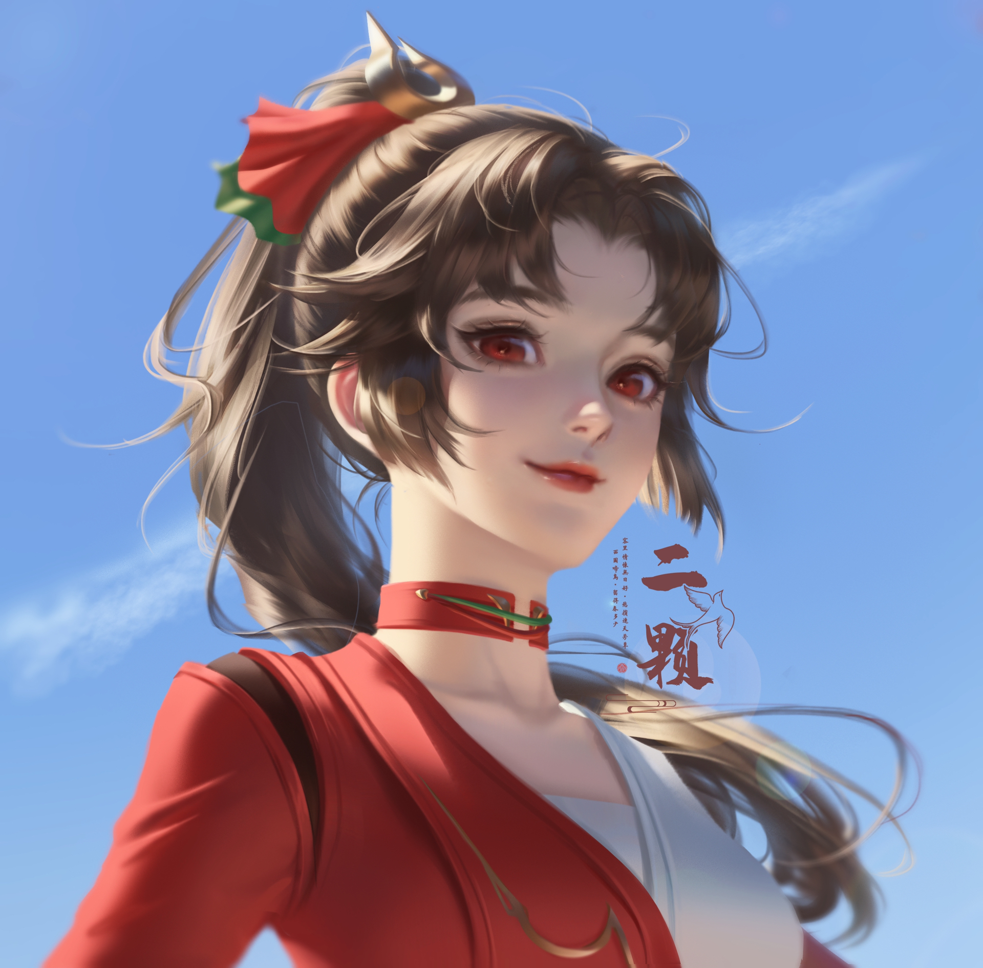 er keke er, original, highres, 1girl, blue sky, brown hair, choker, hair ornament, jacket, long hair, looking at viewer, ponytail, red eyes, sky, smile, solo, upper body