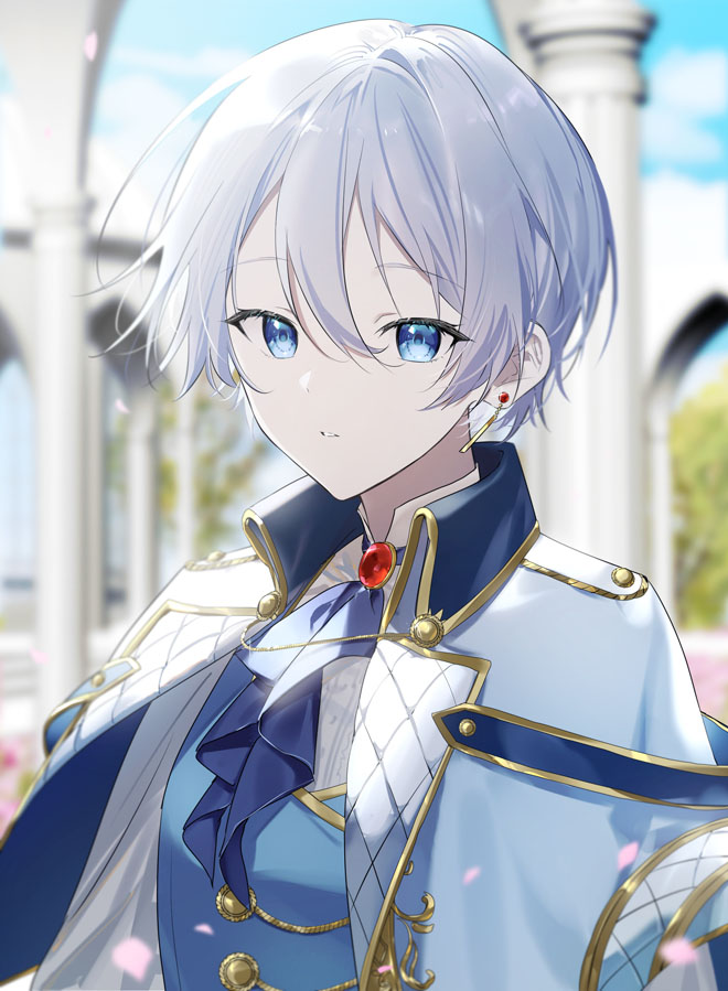 hk (wgyz7222), yoisaki kanade, project sekai, commentary, 1girl, androgynous, ascot, blue eyes, blue hair, blurry, blurry background, collared shirt, column, earrings, hair between eyes, jewelry, looking at viewer, official alternate costume, official alternate hair length, official alternate hairstyle, parted lips, pillar, relax teatime (project sekai), shirt, short hair, solo, upper body