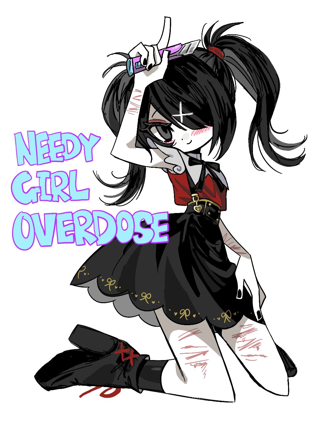 wktmqtj, ame-chan (needy girl overdose), needy girl overdose, hashtag-only commentary, highres, 1girl, ankle boots, arm up, bare arms, bare shoulders, black boots, black bow, black bowtie, black hair, black nails, black skirt, black socks, blood, blush, boots, bow, bowtie, boxcutter, closed mouth, colored skin, copyright name, eyeshadow, flipped hair, grey eyes, hair ornament, hair over one eye, hair tie, hand on own thigh, high-waist skirt, holding, holding boxcutter, index finger raised, kneehighs, kneeling, long hair, looking at viewer, makeup, miniskirt, nail polish, red eyeshadow, red shirt, self-harm, shirt, simple background, skirt, sleeveless, sleeveless shirt, smile, socks, solo, twintails, white background, white skin, x hair ornament