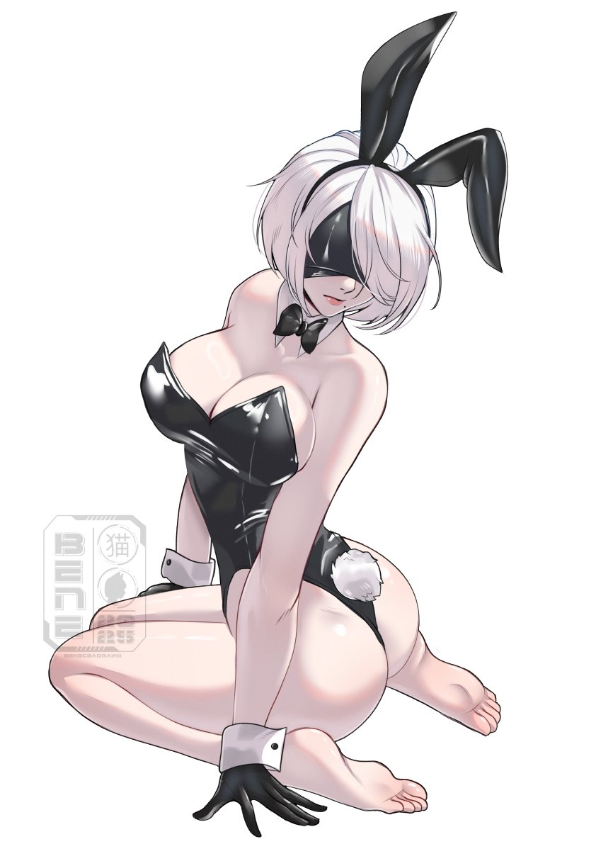beneceadraws, 2b (nier:automata), nier:automata, nier (series), 1girl, animal ears, bare legs, bare shoulders, barefoot, black bow, black bowtie, black gloves, black leotard, blindfold, bob cut, bow, bowtie, breasts, covered eyes, detached collar, fake tail, feet, full body, gloves, hair over one eye, large breasts, legs, leotard, mole, mole under mouth, playboy bunny, rabbit ears, rabbit tail, short hair, simple background, sitting, soles, solo, strapless, strapless leotard, swept bangs, tail, toes, wariza, watermark, white background, white hair, wrist cuffs