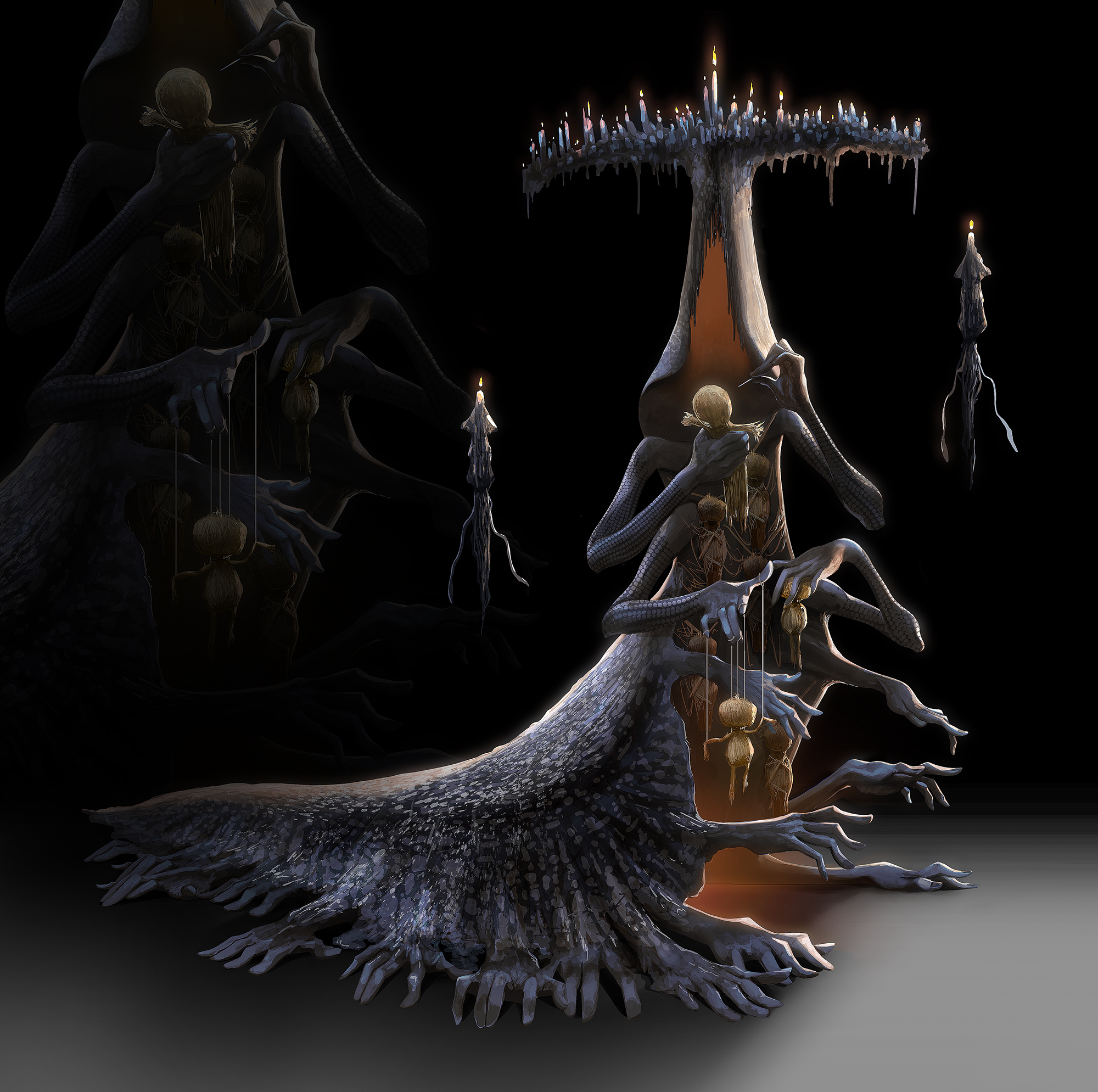 original, highres, black background, burden walker, candle, candle on head, creature, eldritch abomination, extra arms, floating, floating candle, puppet, slug