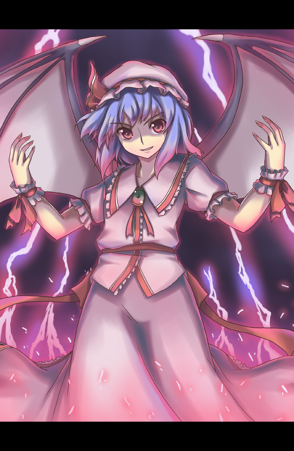 akiyasu, remilia scarlet, touhou, highres, 1girl, blue hair, female focus, gradient background, hat, letterboxed, ribbon, short hair, skirt, solo, touhuya, wings