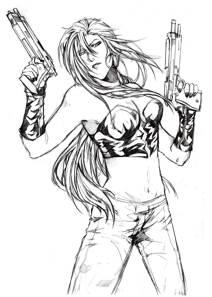 akuhen, trish (devil may cry), capcom, devil may cry (series), highres, image sample, 00s, 1girl, dual wielding, earrings, female focus, gun, handgun, holding, jewelry, long hair, midriff, pistol, sketch, solo, very long hair, weapon