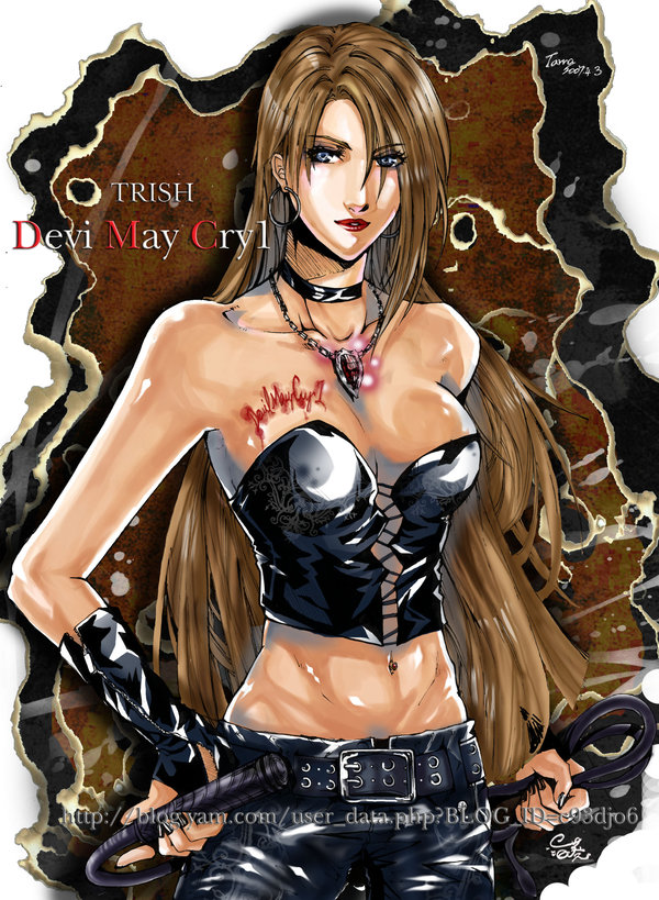 akuhen, trish (devil may cry), capcom, devil may cry (series), image sample, 00s, 1girl, bare shoulders, belt, black nails, blood, blue eyes, body writing, breasts, bridal gauntlets, brown hair, choker, cleavage, corset, crop top, earrings, female focus, hoop earrings, jewelry, large breasts, leather, lipstick, long hair, makeup, midriff, nail polish, necklace, pendant, solo, strapless, tube top, very long hair, whip