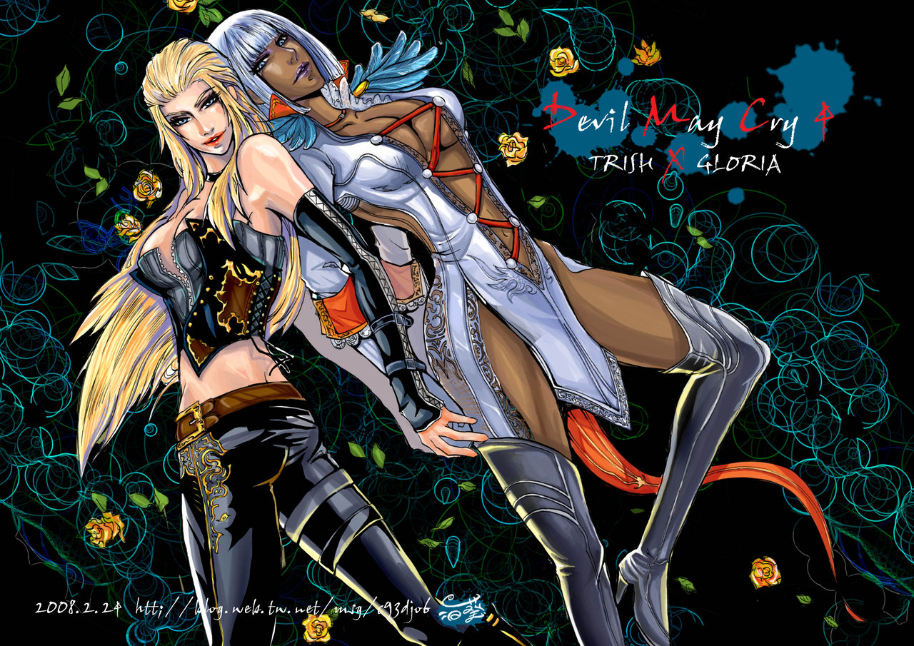 akuhen, gloria (devil may cry), trish (devil may cry), capcom, devil may cry, devil may cry (series), devil may cry 4, image sample, 00s, 2girls, boots, breasts, cleavage, dark-skinned female, dark skin, dual persona, holding hands, large breasts, leather, multiple girls, sideboob, thigh boots, thighhighs, white hair