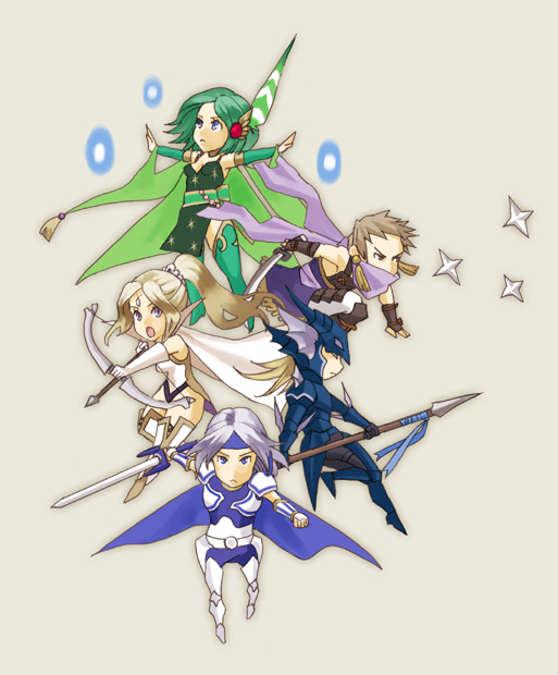 kareji, cain highwind, cecil harvey, dragoon (final fantasy), edward geraldine, ninja (final fantasy), paladin (final fantasy), rosa farrell, rydia (adult) (ff4), rydia (ff4), final fantasy, final fantasy iv, 1990s (style), 2girls, 3boys, aged up, armor, arrow (projectile), blonde hair, boots, bow (weapon), cape, chibi, detached sleeves, dragoon, green boots, green hair, helmet, multiple boys, multiple girls, ninja, paladin, polearm, retro artstyle, shuriken, simple background, spear, sword, thighhighs, weapon, white hair