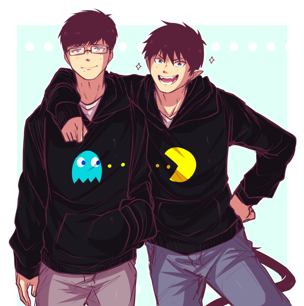 hiffuu, ao no exorcist, pac-man (game), character request, highres, 1boy, black hoodie, blue pants, brown hair, cowboy shot, denim, fangs, glasses, hand on own hip, hood, hoodie, jeans, open mouth, pants, pointy ears, rectangular eyewear, short hair, smile, sparkle, tail, teeth