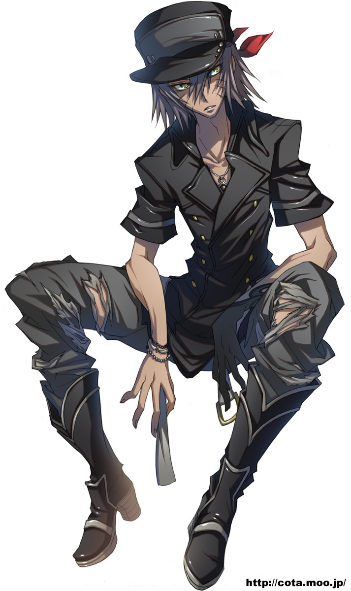 cota, minamimoto sho, subarashiki kono sekai, silver hair, bad id, bad pixiv id, highres, 1boy, boots, dark-skinned male, dark skin, hat, male focus, short hair, solo, tan, torn clothes, yellow eyes