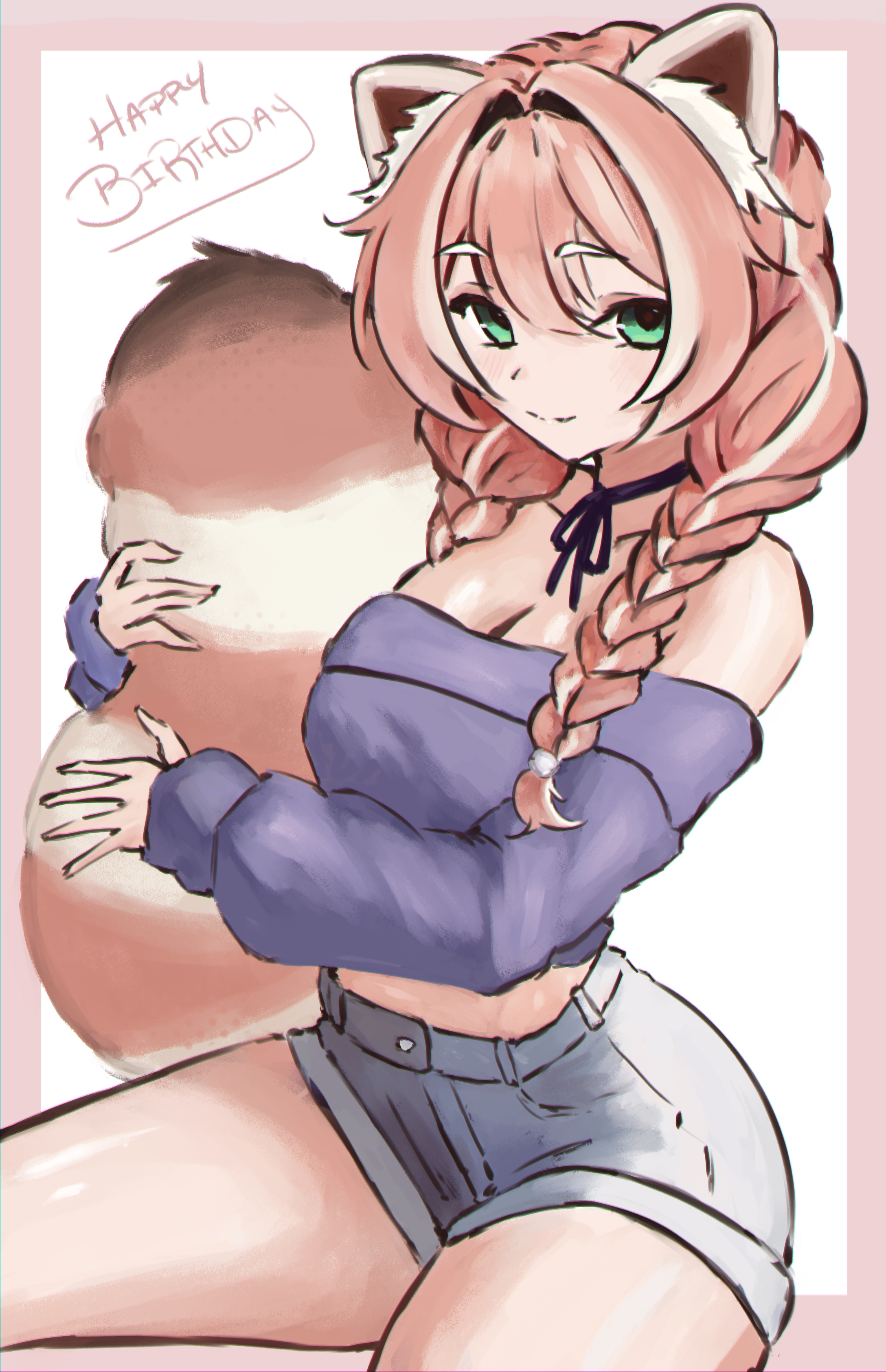 yuria of ailurus, indie virtual youtuber, absurdres, highres, 1girl, animal ear fluff, animal ears, bare shoulders, choker, denim, green eyes, hair between eyes, hugging tail, jeans, light smile, on ground, pants, purple shirt, red panda ears, red panda girl, red panda tail, ribbon choker, seizedguysavage, shirt, shorts, sitting, solo, tail, thighs, virtual youtuber