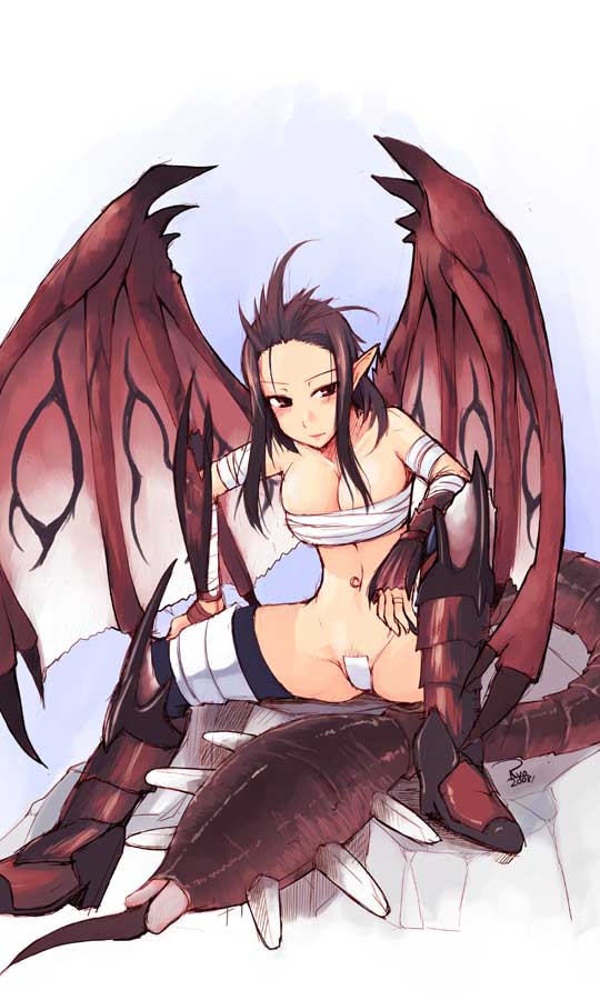 ryo (liver sashi daisuki!), rathalos, capcom, monster hunter (series), 1girl, bandages, breasts, demon girl, dragon girl, female focus, female pubic hair, genderswap, genderswap (mtf), large breasts, maebari, personification, pointy ears, pubic hair, sarashi, solo, tail, wings