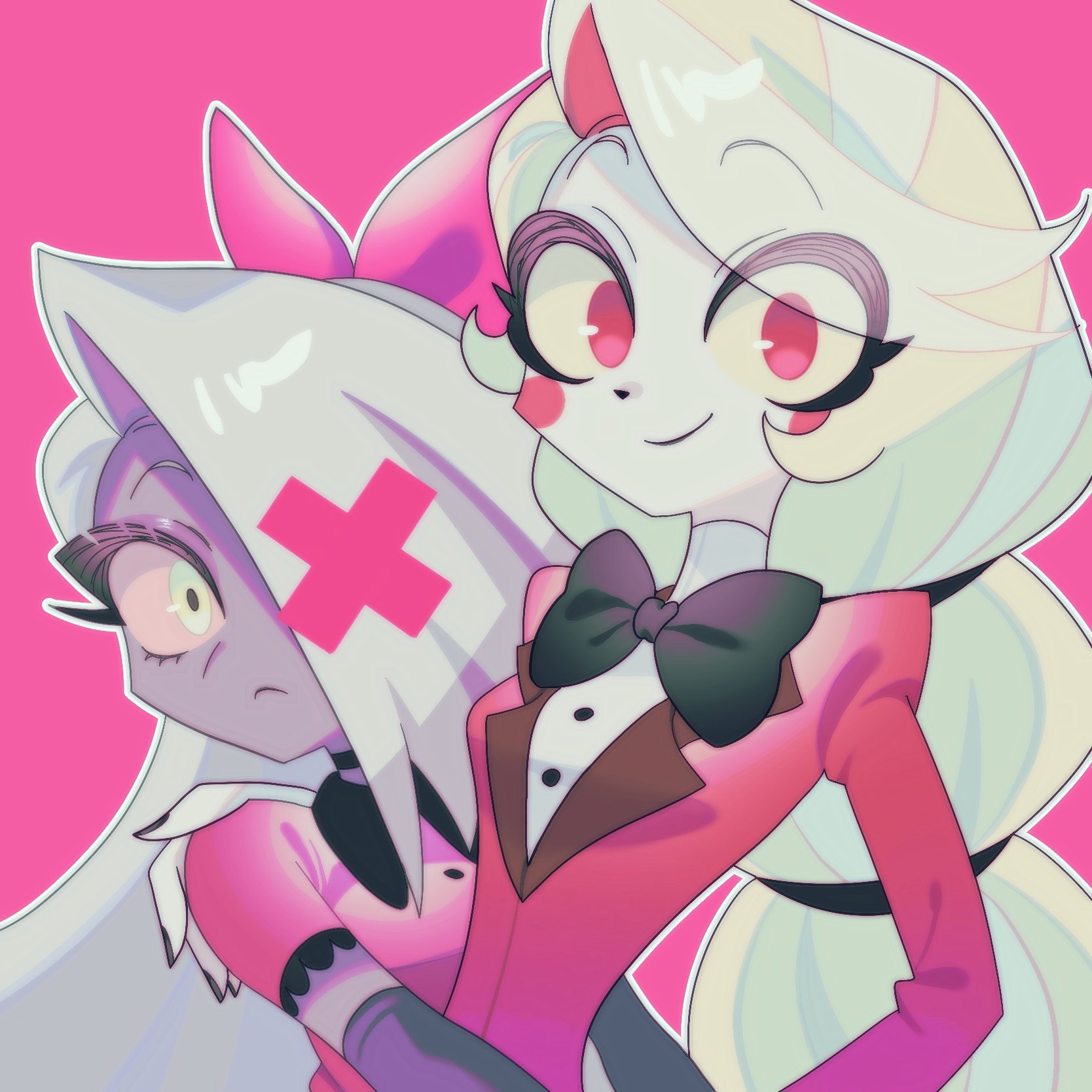 wktmqtj, charlie morningstar, vaggie, hazbin hotel, hellaverse, hashtag-only commentary, highres, 2girls, black choker, black gloves, black nails, blonde hair, bow, bowtie, breasts, buttons, choker, circle facial mark, closed mouth, collared shirt, colored sclera, colored skin, contrast collar, elbow gloves, eyes visible through hair, fewer digits, frown, gloves, grey hair, grey skin, hair bow, hair over one eye, hair tie, hand on another's shoulder, jacket, juliet sleeves, lapels, long hair, long sleeves, looking at viewer, low-tied long hair, multiple girls, nail polish, no pupils, one eye covered, orange sclera, outline, pink background, pink bow, puffy sleeves, raised eyebrows, red eyes, red jacket, red shirt, shirt, simple background, small breasts, smile, swept bangs, tareme, traditional bowtie, turtleneck, turtleneck shirt, upper body, white outline, white shirt, white skin, yellow eyes, yellow sclera