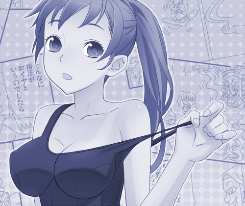 ume (driveume), original, lowres, 1girl, blue theme, female focus, monochrome, solo, tank top