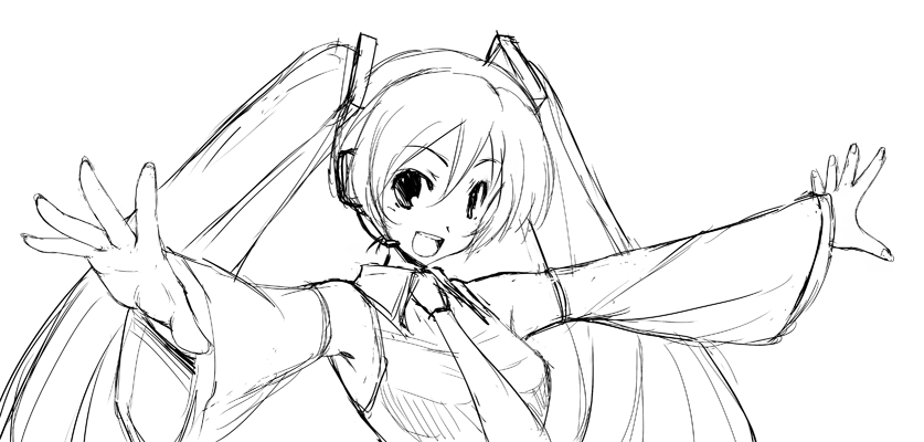 matsuzaki yutaka, hatsune miku, vocaloid, tagme, greyscale, monochrome, sketch, twintails