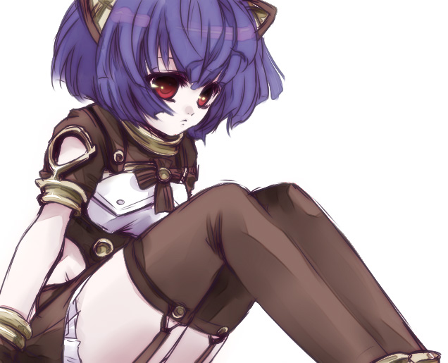 shinolion, takitsume shino, gundam meister 874, hanayo, gundam, gundam 00, gundam 00p, bad id, 00s, 1girl, animal ears, black thighhighs, female focus, garter straps, purple hair, red eyes, short hair, simple background, solo, thighhighs