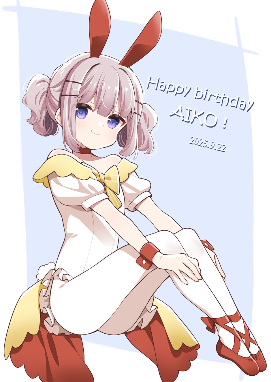 uchino maiko, ninomiya aiko, slow loop, clothing request, highres, tagme, 1girl, animal ears, character name, closed mouth, dot nose, english text, full body, grey hair, happy birthday, looking at viewer, purple eyes, rabbit ears, red wrist cuffs, short sleeves, solo, wrist cuffs