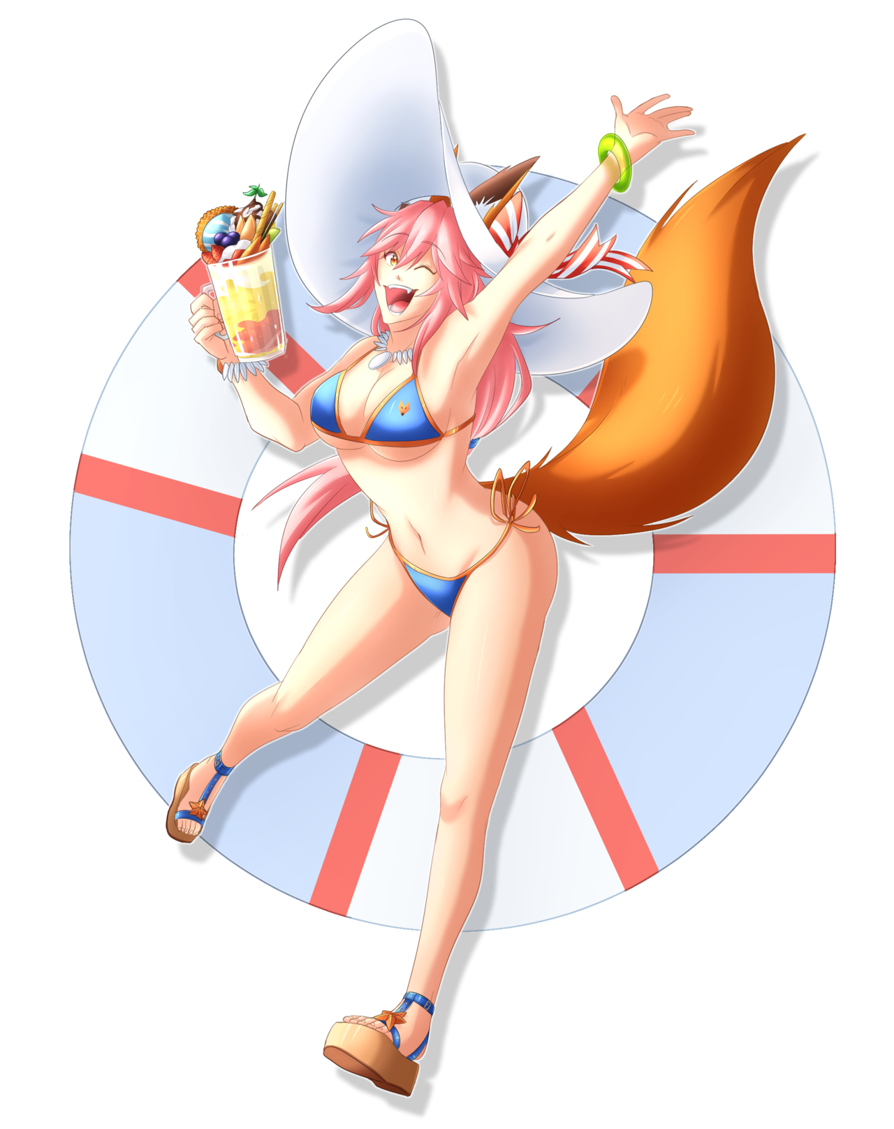 hiffuu, tamamo no mae (fate), fate/grand order, fate (series), tamamo (fate), highres, 1girl, animal ears, arms up, bikini, bracelet, cocktail, cup, fox ears, fox girl, fox tail, full body, holding, holding cup, jewelry, lifebuoy, navel, one eye closed, orange eyes, pink hair, platform sandals, sandals, string bikini, swim ring, swimsuit, tail, transparent background