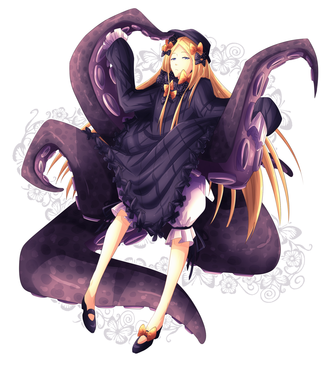 hiffuu, abigail williams (fate), fate/grand order, fate (series), highres, 1girl, black bow, black dress, blonde hair, bow, dress, footwear bow, full body, hair bow, long hair, multiple hair bows, orange bow, solo, suction cups, tentacles, very long hair