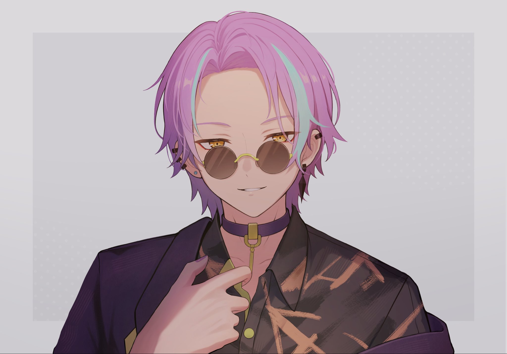 aka awoi, kamishiro rui, project sekai, highres, 1boy, bespectacled, blue hair, border, choker, collared shirt, deep dark for light (project sekai), ear piercing, earrings, eyeshadow, glasses, grey background, grey border, hand up, jewelry, looking at viewer, makeup, male focus, multicolored hair, official alternate costume, official alternate hairstyle, outside border, parted hair, parted lips, piercing, purple choker, purple hair, red eyeshadow, round eyewear, shirt, short hair, smile, solo, streaked hair, stud earrings, two-tone hair, upper body, yellow eyes