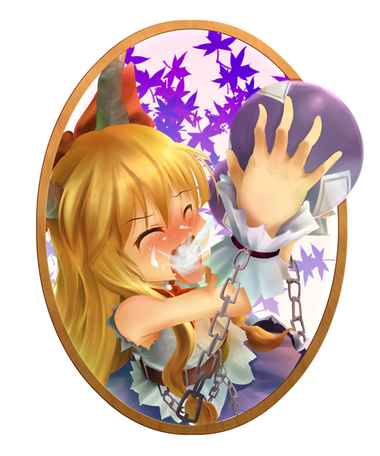 taicho128, ibuki suika, touhou, 1girl, arms up, blonde hair, blush, bow, chain, closed eyes, drinking, female focus, gourd, hair bow, horns, leaf, open mouth, orange hair, solo, tongue, wrist cuffs