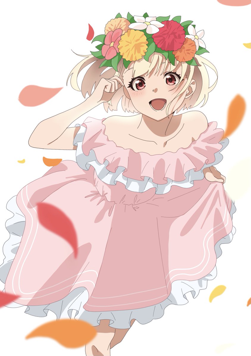 nishikigi chisato, lycoris recoil, commentary request, highres, 1girl, anime coloring, blonde hair, blush, collarbone, cowboy shot, dress, flower, konbu (7cv2lloylk18308), leaf, looking at viewer, off shoulder dress, open mouth, pink dress, red eyes, solo, white background