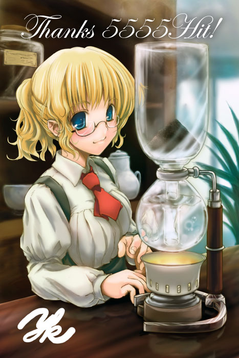 yamakou, yamakou (pixiv16324), original, 1girl, bar (place), blonde hair, blue eyes, blush, breasts, female focus, fire, glass, glasses, indoors, large breasts, long sleeves, looking at viewer, machinery, necktie, plant, ponytail, potted plant, red necktie, semi-rimless eyewear, solo, suspenders, under-rim eyewear, underbust