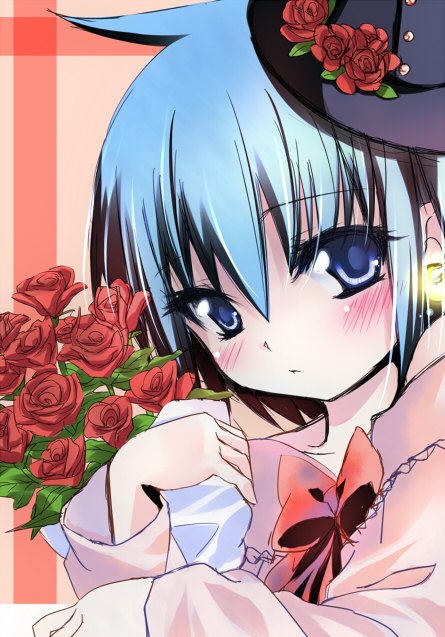 sho (runatic moon), original, blue eyes, blue hair, bouquet, flower, rose, short hair, solo