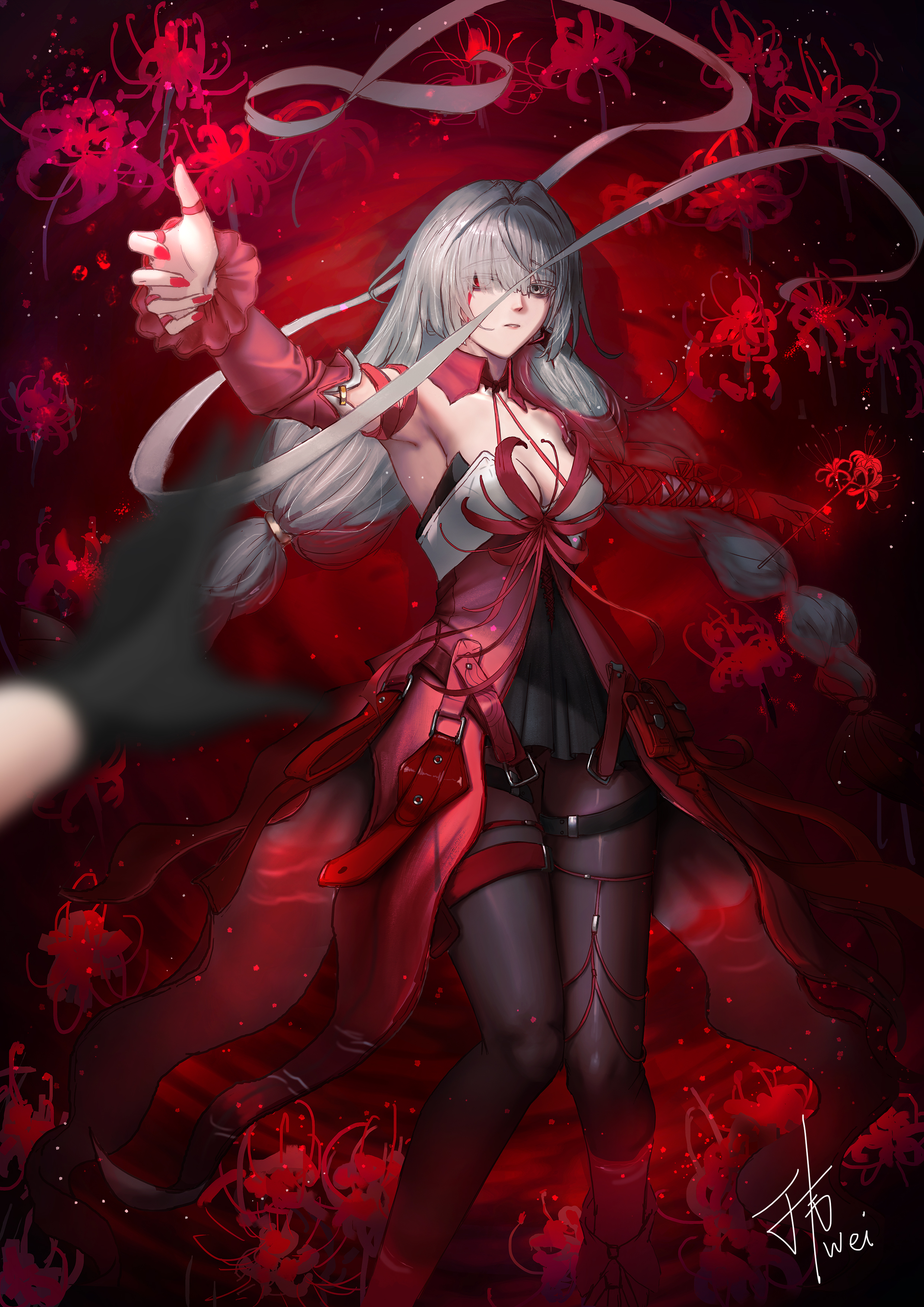 firons, male rover (wuthering waves), phrolova (wuthering waves), rover (wuthering waves), wuthering waves, absurdres, commentary, english commentary, highres, 1boy, 1girl, bare shoulders, black pantyhose, black skirt, blood, bloody tears, braid, breasts, cleavage, detached sleeves, dress, earrings, flower, grey eyes, grey hair, halter dress, halterneck, jewelry, long hair, looking at viewer, low twin braids, medium breasts, nail polish, pantyhose, parted lips, pov, pov hands, red dress, red nails, signature, single detached sleeve, skirt, solo focus, spider lily, twin braids
