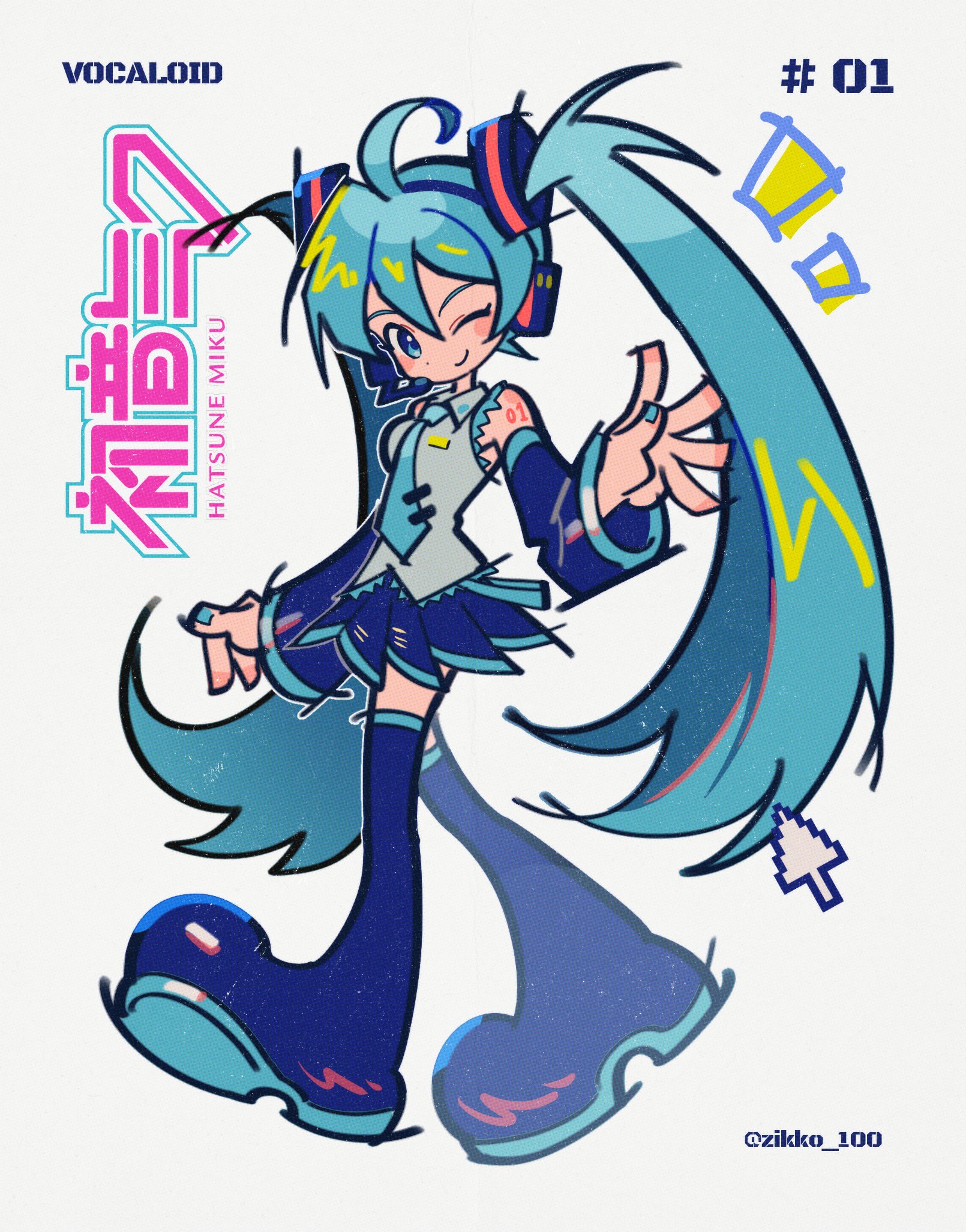 zikko 100, hatsune miku, vocaloid, commentary, hashtag-only commentary, highres, 1girl, blue eyes, blue hair, blush stickers, boots, character name, collared shirt, copyright name, cursor, detached sleeves, full body, hair ornament, headphones, headset, long hair, long sleeves, looking at viewer, nail polish, necktie, one eye closed, pleated skirt, shirt, skirt, sleeveless, sleeveless shirt, smile, solo, thigh boots, tie clip, twintails, very long hair