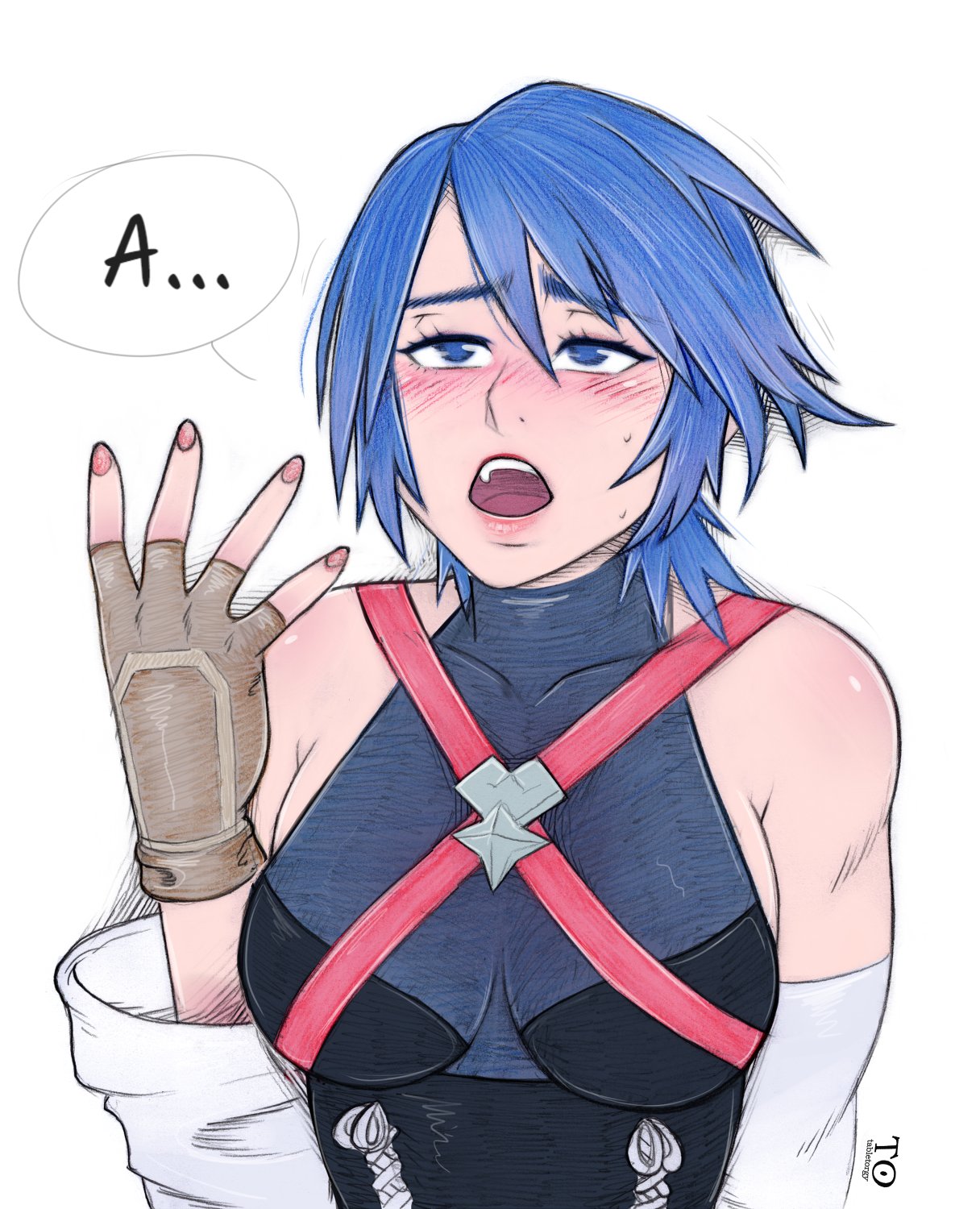 tabletorgy, aqua (kingdom hearts), kingdom hearts, kingdom hearts iii, commentary, english commentary, highres, 1girl, bare shoulders, blue eyes, blue hair, blush, breasts, brown gloves, detached sleeves, fingerless gloves, fingernails, gloves, lips, medium breasts, open mouth, pink lips, pink nails, short hair, simple background, solo, teeth, upper teeth only, white background, white sleeves
