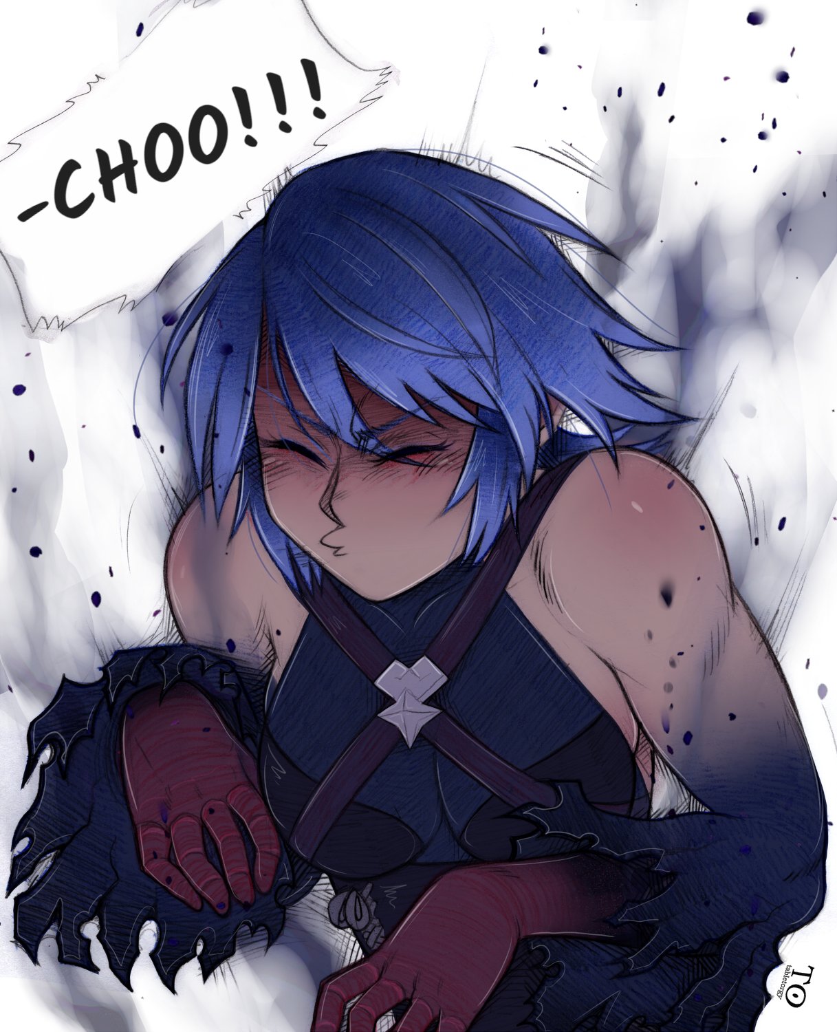 tabletorgy, anti-aqua, aqua (kingdom hearts), kingdom hearts, kingdom hearts iii, commentary, english commentary, highres, 1girl, bare shoulders, blue hair, breasts, closed eyes, dark-skinned female, dark persona, dark skin, detached sleeves, medium breasts, short hair, simple background, sneezing, solo, white background