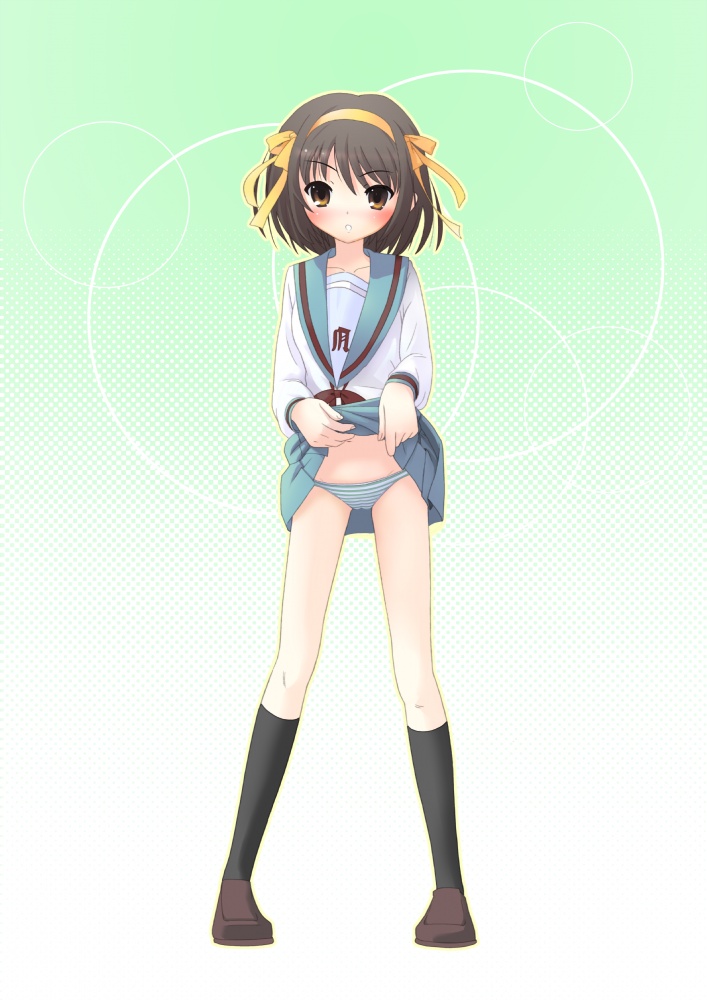 houmitsu, suzumiya haruhi, suzumiya haruhi no yuuutsu, 00s, 1girl, blush, brown hair, clothes lift, crossed legs, female focus, hairband, lifting own clothes, panties, school uniform, serafuku, short hair, skirt, skirt lift, solo, underwear, yellow eyes