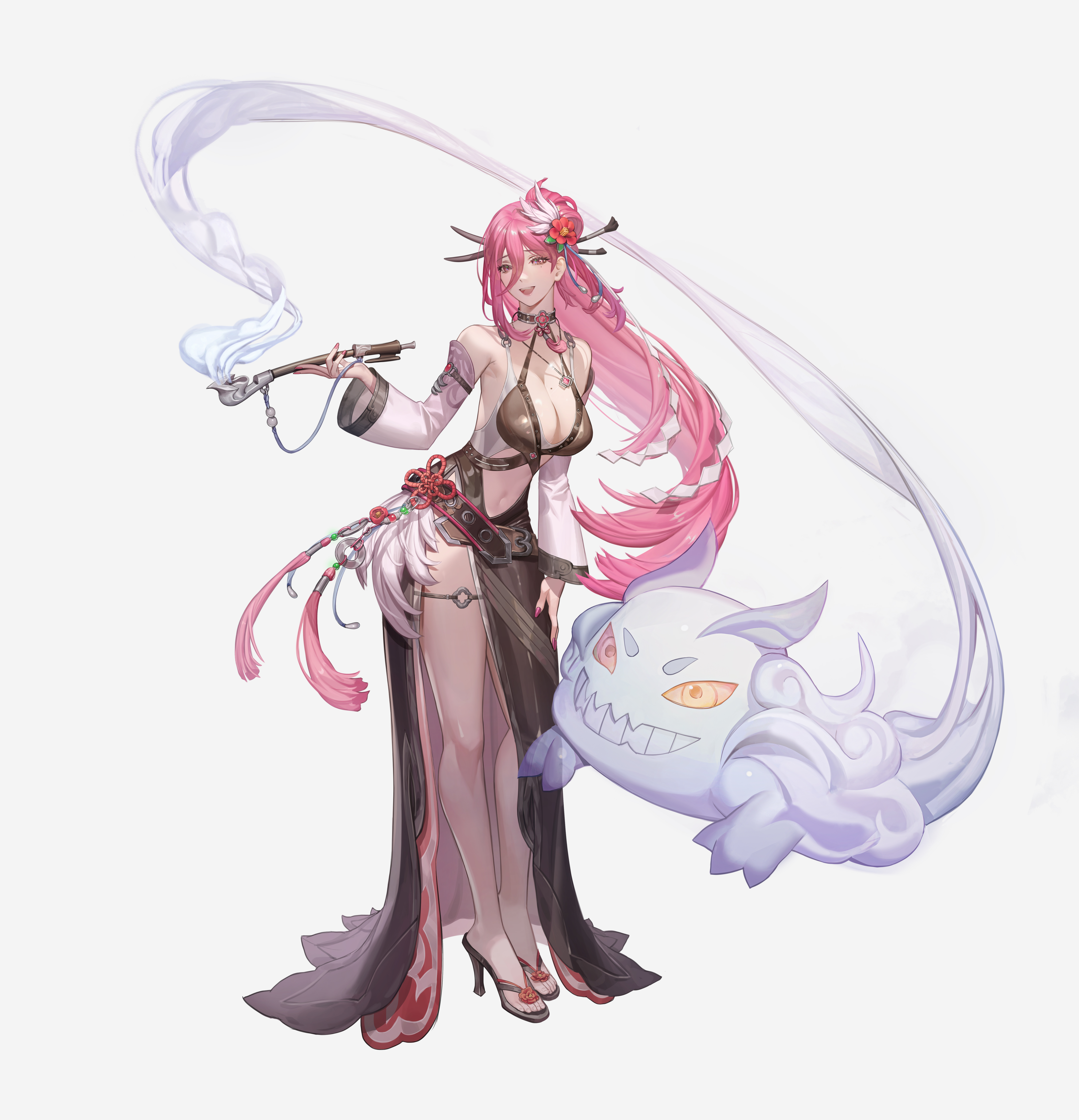 dunnie1130, original, absurdres, commentary, highres, 1girl, breasts, cleavage, flower, full body, glint, hair between eyes, hair flower, hair ornament, high heel sandals, holding, holding smoking pipe, leaning forward, long hair, long hair between eyes, looking at viewer, medium breasts, mole, mole on breast, mole under eye, nail polish, navel, open mouth, pink eyes, pink hair, pink nails, sandals, simple background, smoke, smoking pipe, solo, standing, tassel, very long hair, white background