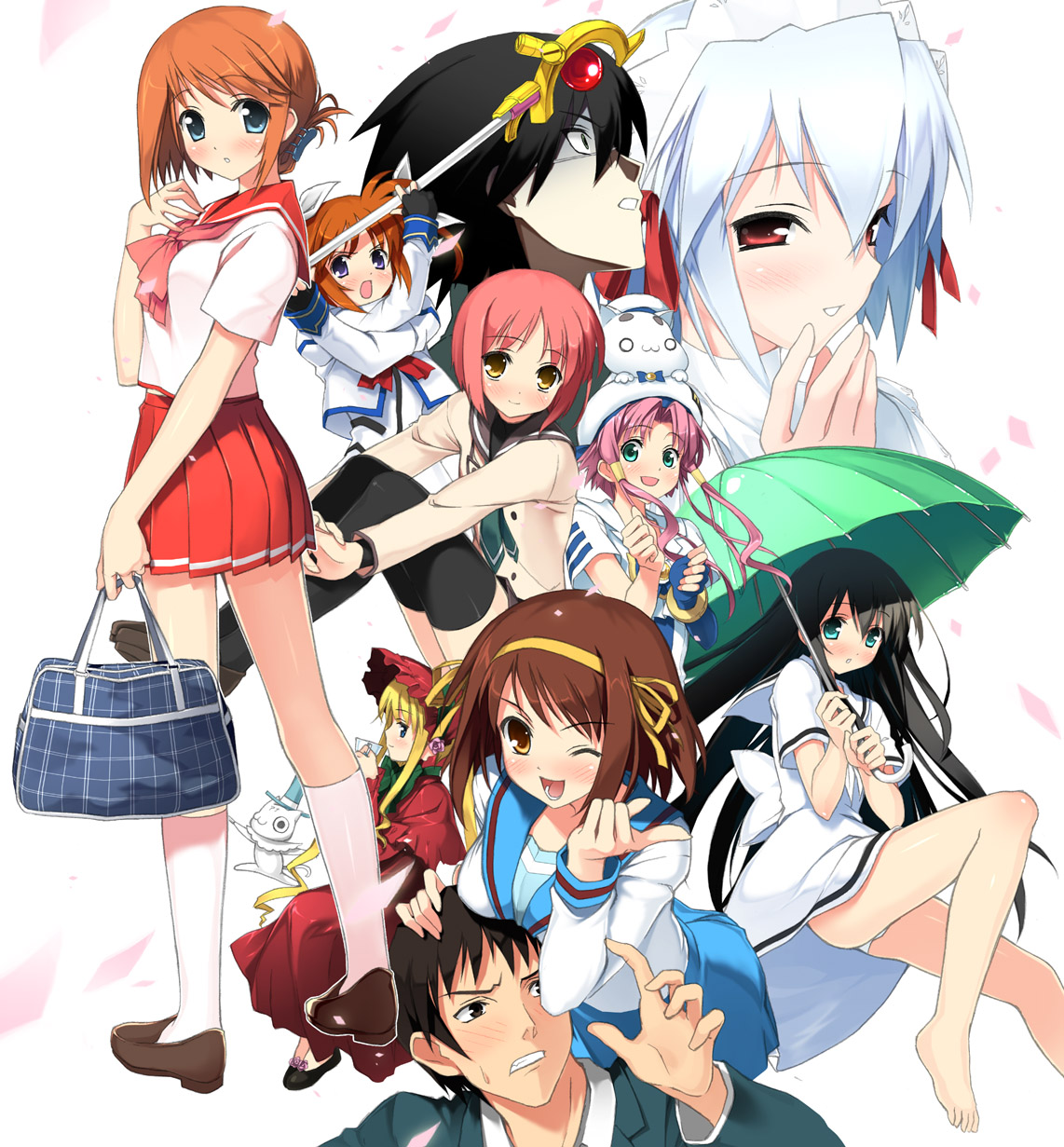 kantoku, akino momiji, aria pokoteng, chiyokawa rin, excalibur (soul eater), itoshiki nozomu, komaki manaka, kotonomiya yuki, kyon, mizunashi akari, raising heart, shinku, suzumiya haruhi, takamachi nanoha, amesarasa, aria (manga), lyrical nanoha, mahou shoujo lyrical nanoha, mahou shoujo lyrical nanoha a's, rozen maiden, sakura musubi, sayonara zetsubou sensei, soul eater, suigetsu, suzumiya haruhi no yuuutsu, to heart (series), to heart 2, highres, 00s, 3boys, 6+girls, barefoot, crossover, dress, everyone, folded ponytail, long hair, multiple boys, multiple girls, panties, pantyshot, sailor dress, school uniform, serafuku, short hair, skirt, umbrella, underwear