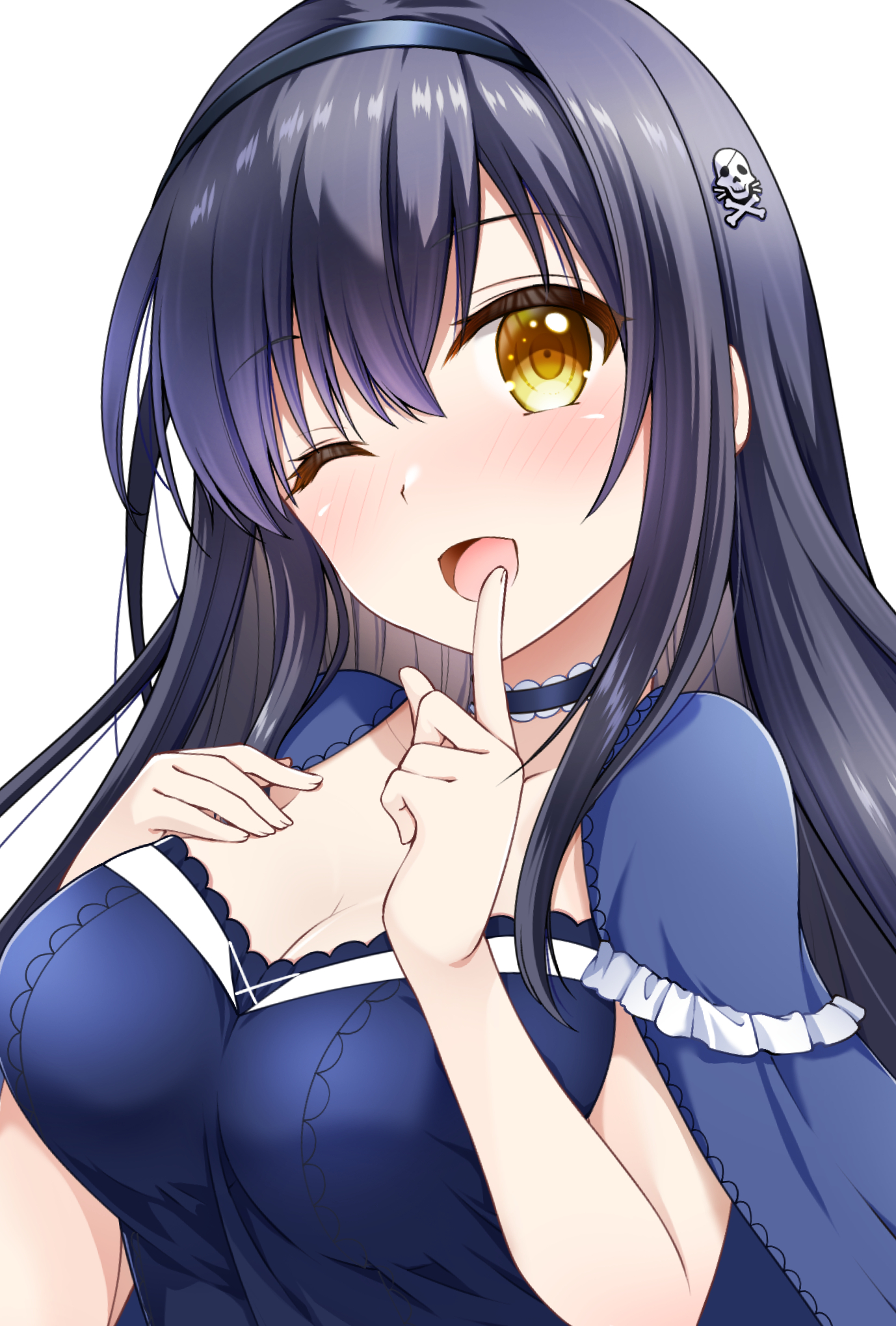 chibinon, kushima kamome, summer pockets, commentary, highres, 1girl, ;d, black camisole, black choker, black hair, black hairband, blue capelet, blush, bone hair ornament, breast suppress, breasts, camisole, capelet, choker, cleavage, collarbone, colored eyelashes, eyelashes, frilled capelet, frilled choker, frills, hair between eyes, hair ornament, hairband, hands up, happy, index finger raised, large breasts, long hair, looking at viewer, one eye closed, open mouth, simple background, skull and crossbones, skull hair ornament, smile, solo, straight hair, upper body, white background, yellow eyes