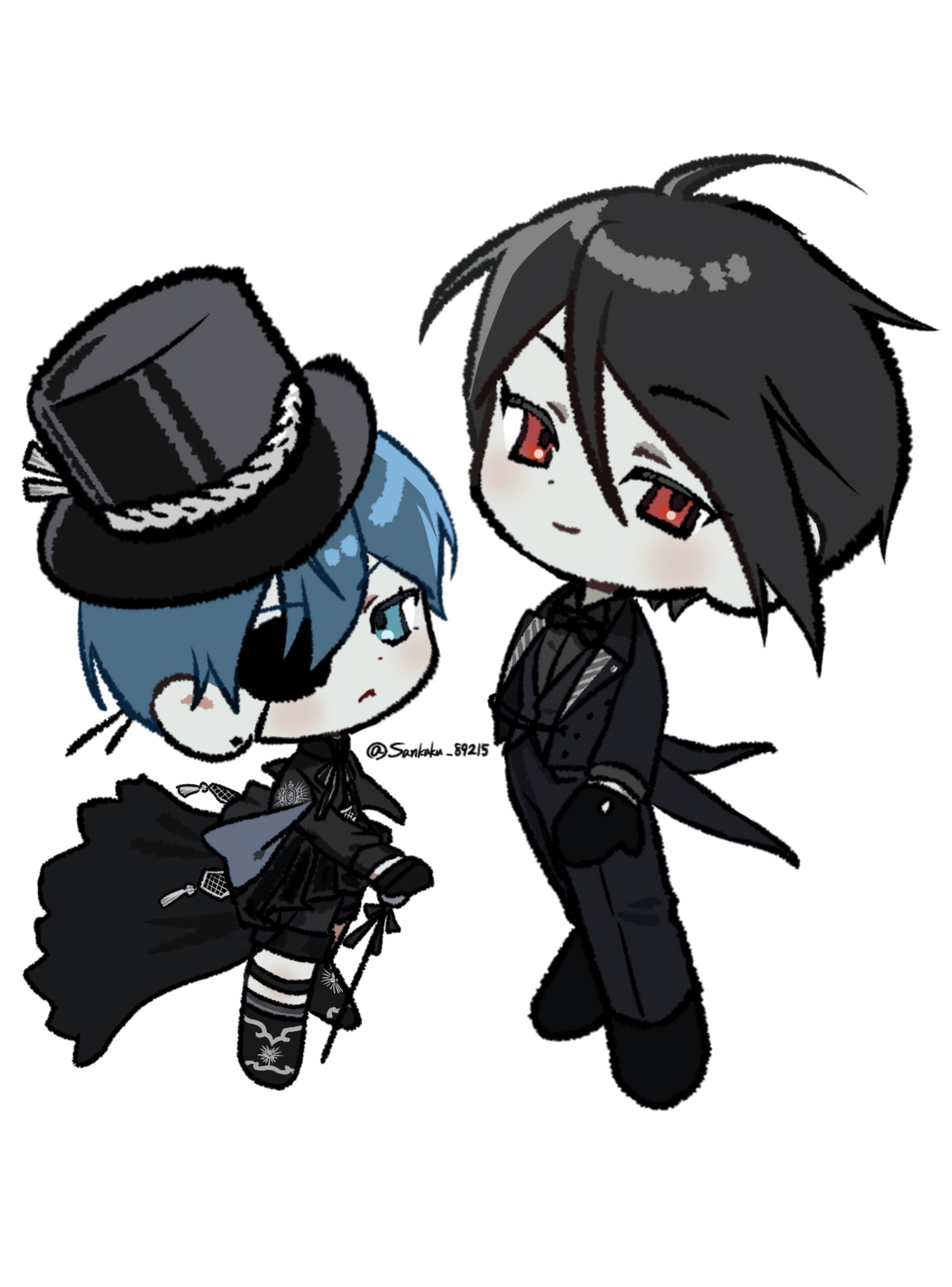 sankaku 89215, ciel phantomhive, sebastian michaelis, kuroshitsuji, commentary request, highres, 2boys, black hair, blue eyes, blue hair, boots, bow, bowtie, cane, chibi, coat, coattails, earrings, eyepatch, full body, gloves, hat, jewelry, legwear garter, long sleeves, looking to the side, male focus, multiple boys, pale skin, red eyes, short hair, smile, top hat, traditional bowtie