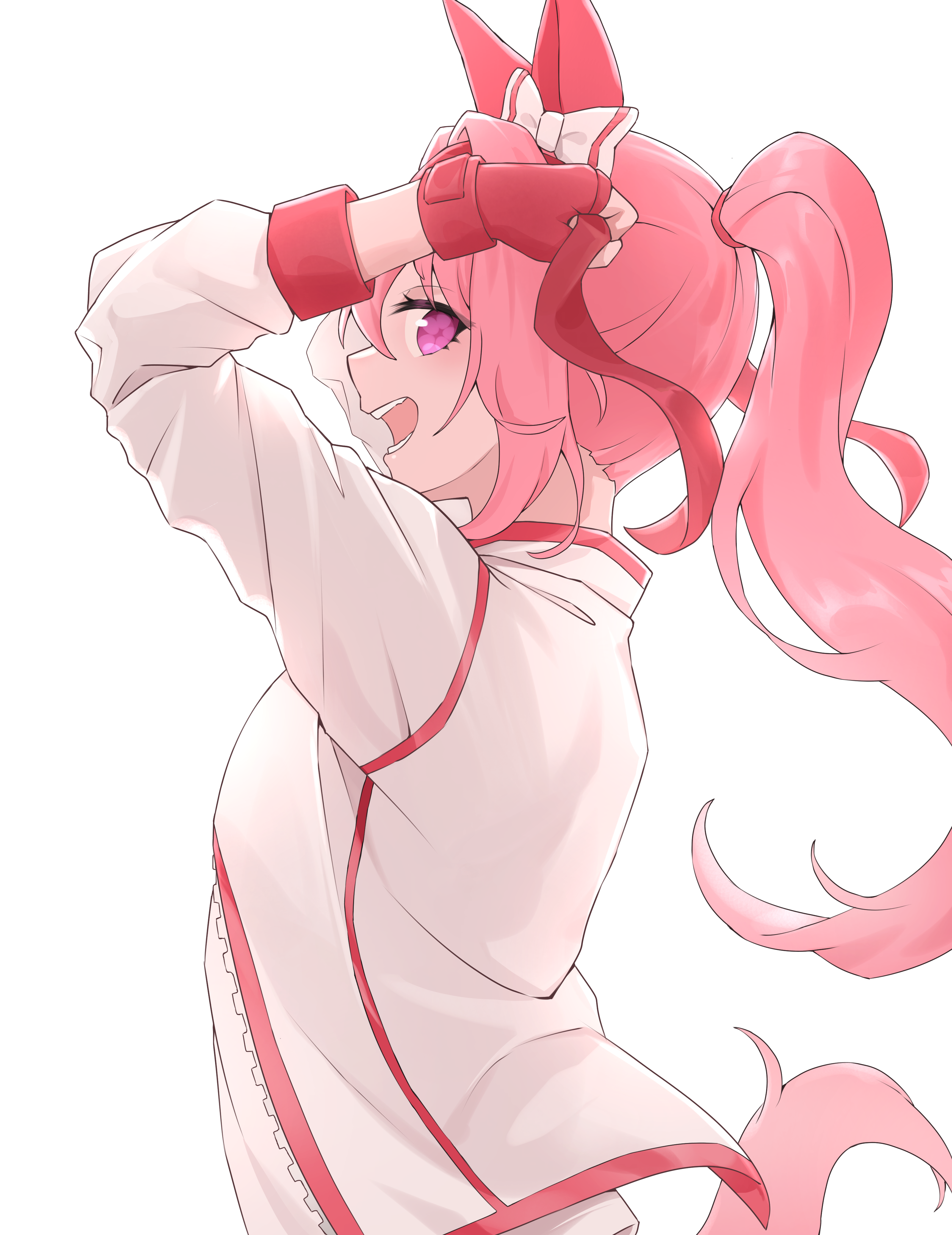 syarrchan, haru urara (bestest prize) (umamusume), haru urara (umamusume), original, umamusume, absurdres, highres, 1girl, animal ears, blush, bow, ear bow, ear covers, fingerless gloves, flower in eye, gloves, gym uniform, horse girl, jacket, looking at viewer, open mouth, smile, symbol in eye