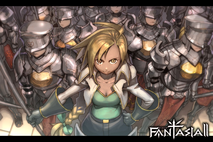 tako (pixiv8535), pixiv fantasia, pixiv fantasia 2, 1girl, 6+boys, ahoge, armor, army, blonde hair, boots, braid, letterboxed, long hair, multiple boys, soldier