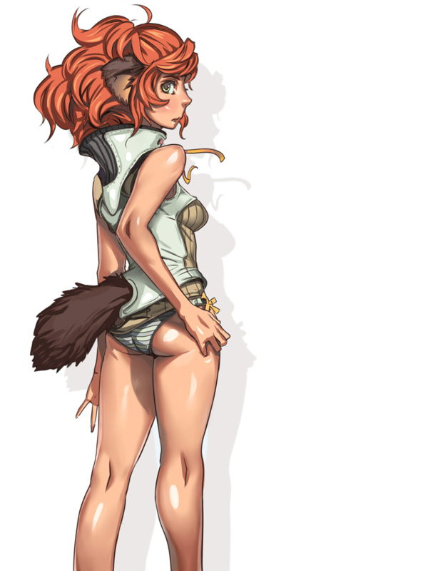 kichin yarou, 1girl, animal ears, ass, back, blush, bottomless, female focus, kneepits, long hair, no pants, orange hair, panties, solo, tail, underwear, yellow eyes