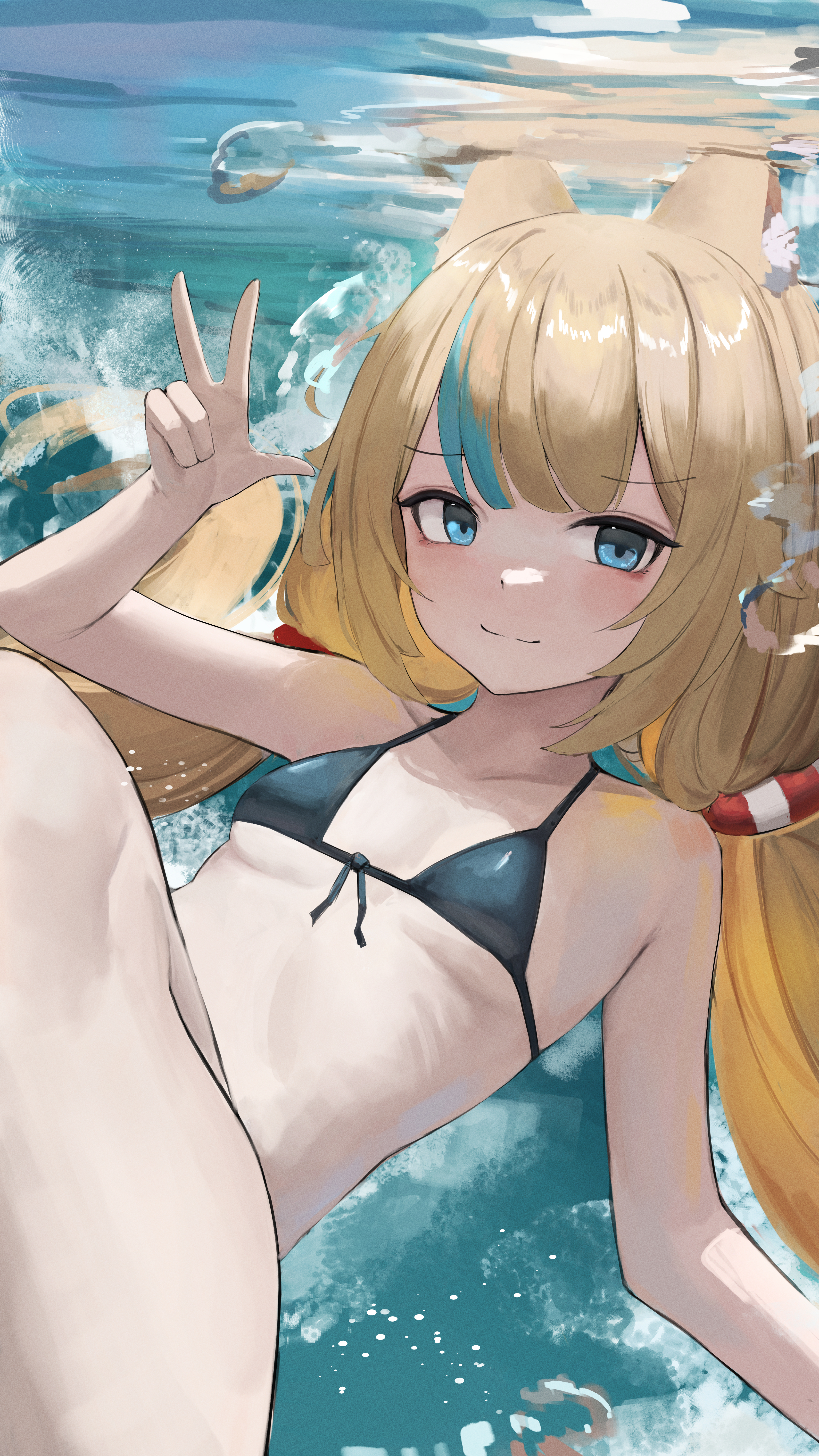 moji (m 0j 4), sameko saba, indie virtual youtuber, absurdres, highres, 1girl, animal ear fluff, animal ears, bikini, blonde hair, blue bikini, breasts, cat ears, cat tail, closed mouth, long hair, looking at viewer, smile, solo, swimsuit, tail, twintails, underwater, virtual youtuber, w